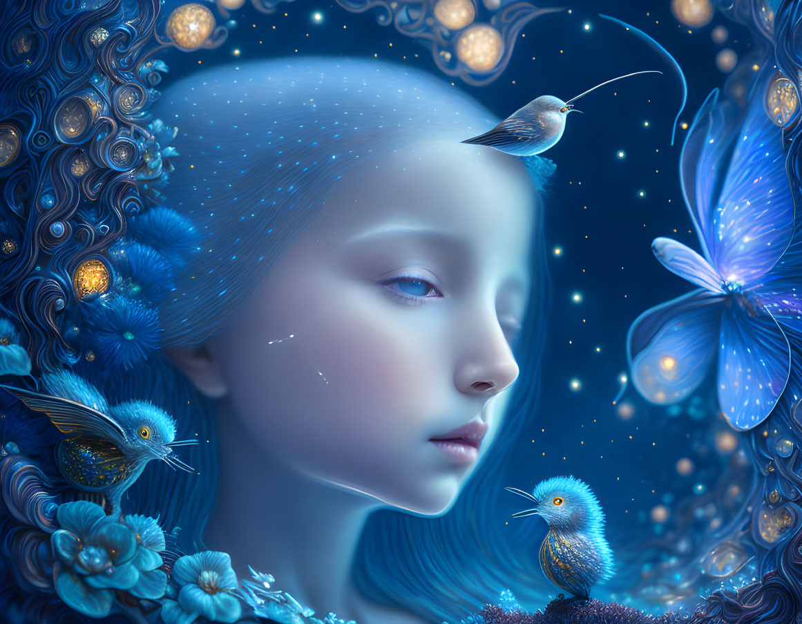 Surreal illustration of a blue-skinned girl with flowers, ornaments, and birds in mystical setting