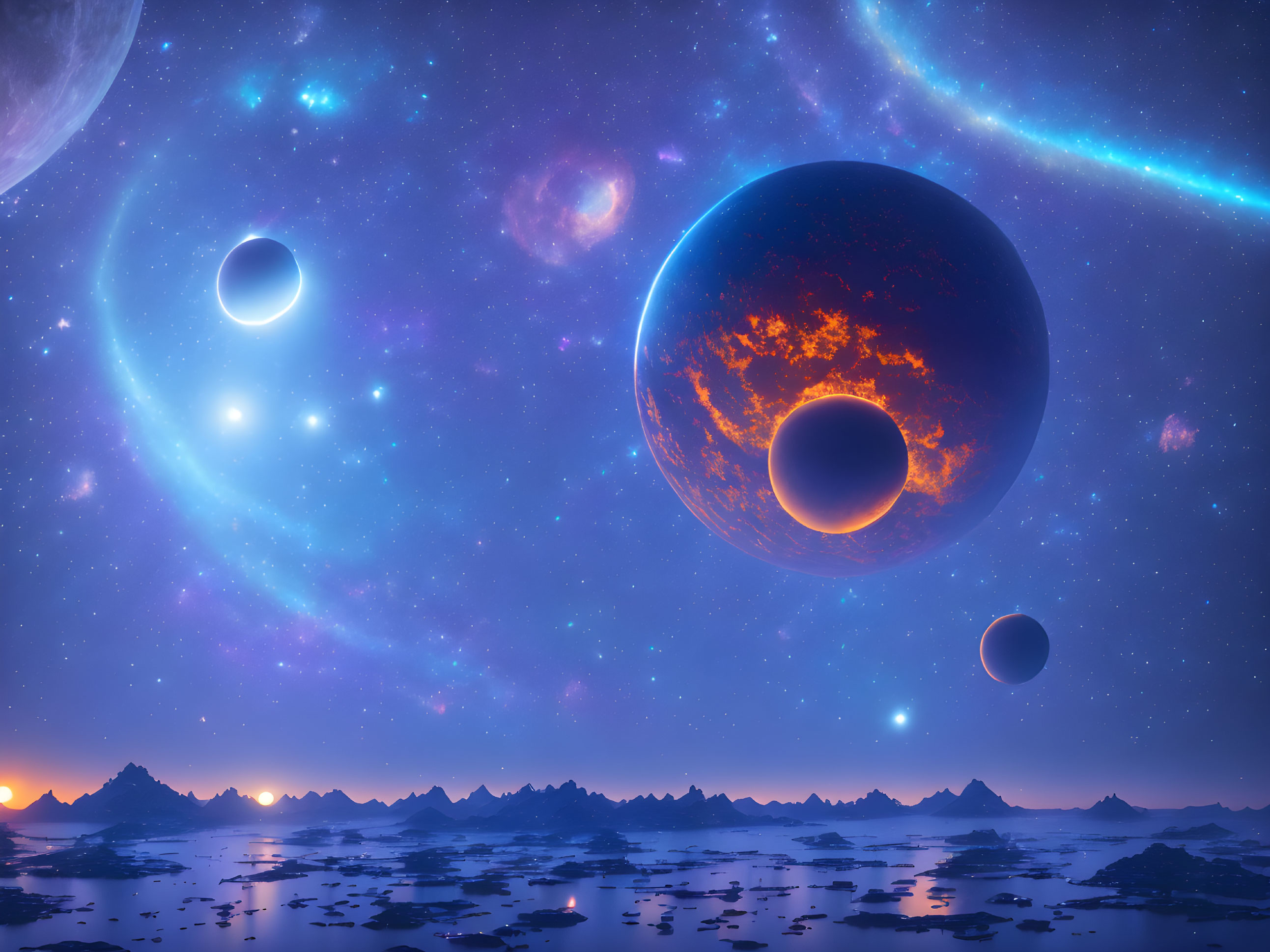 Colorful cosmic scene with planets, stars, and nebula on alien landscape.