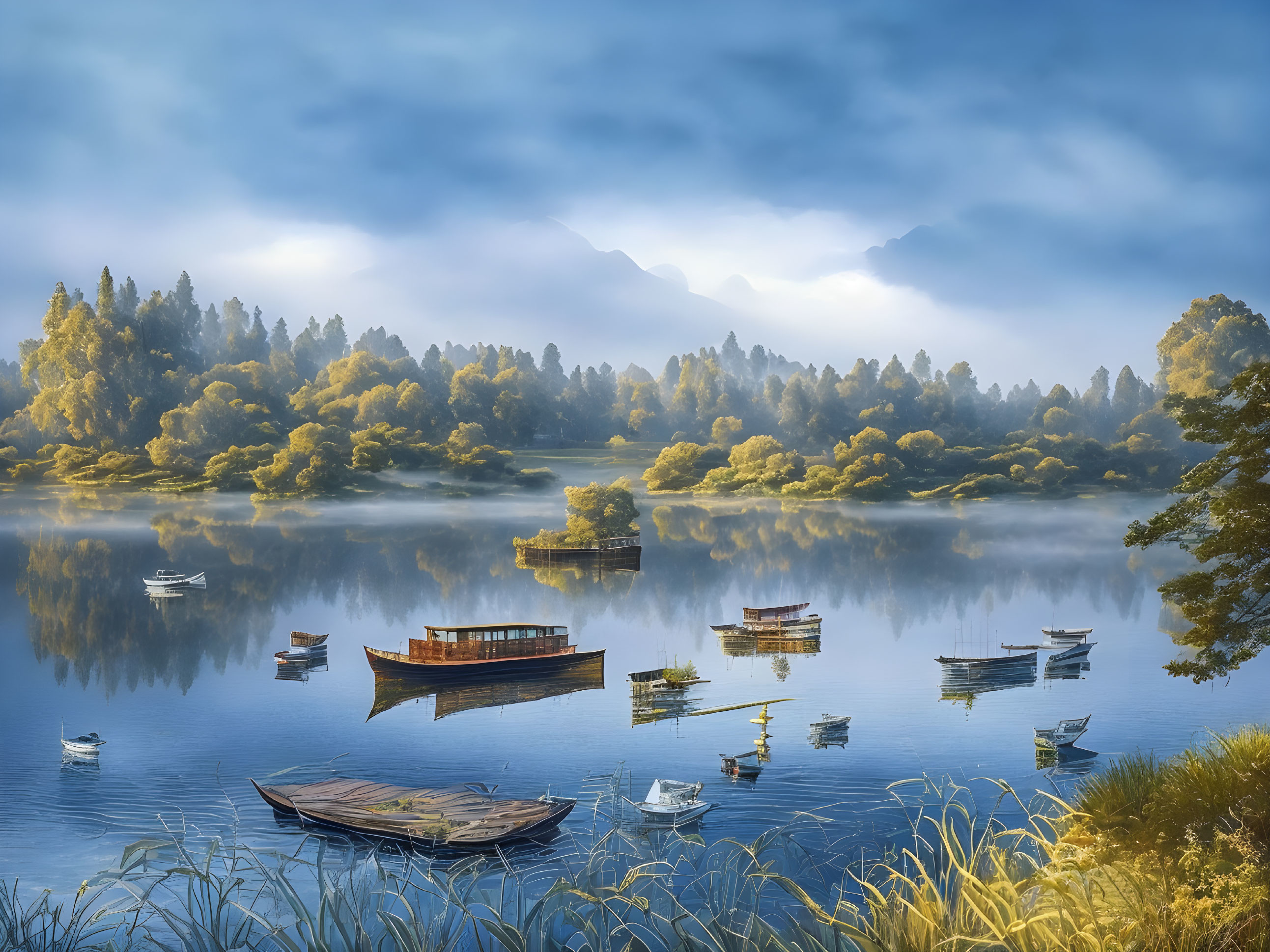 Tranquil lake scene with boats, misty sky, and mountains