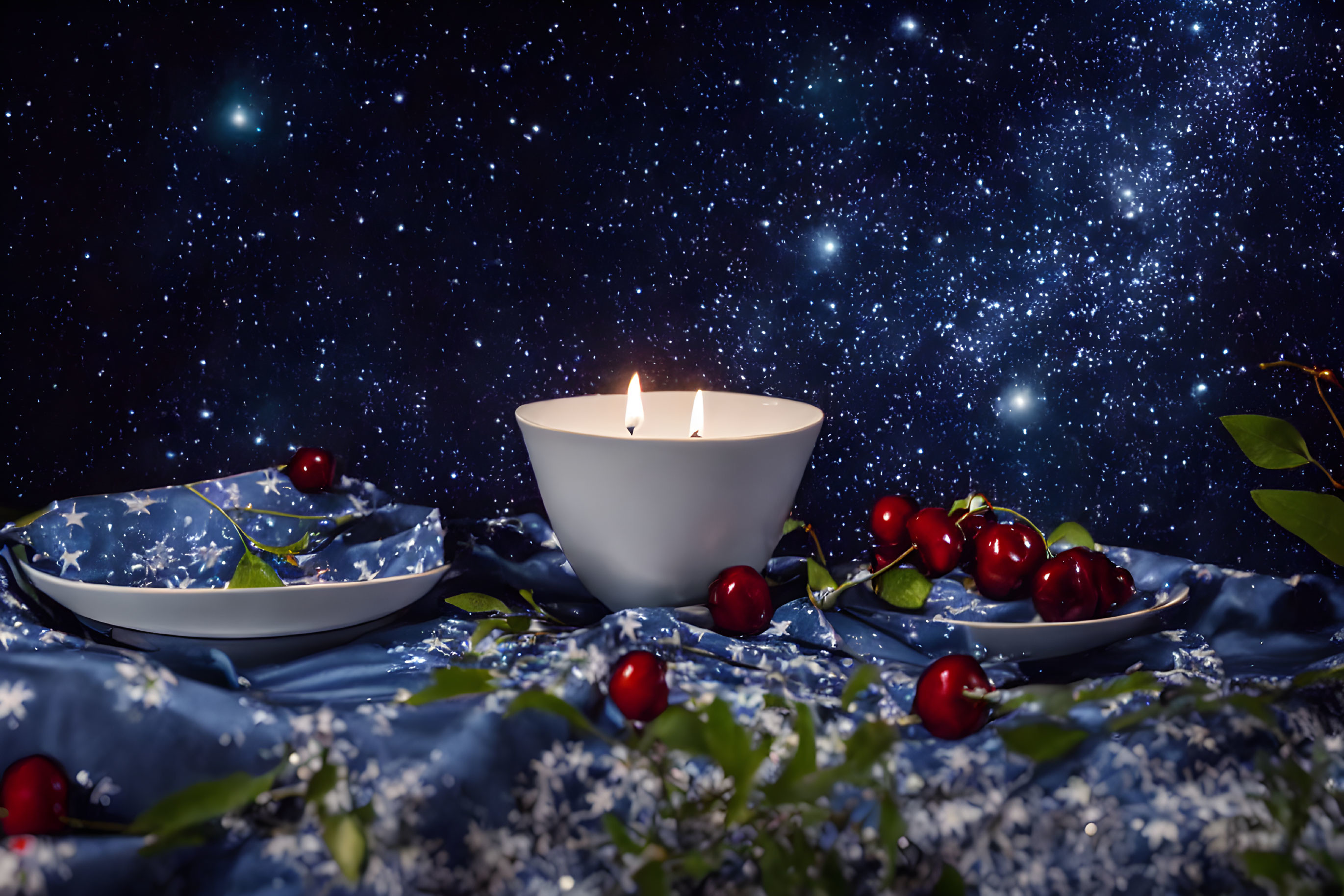 Lit candle in bowl with cherries and starry decor on plates against starry backdrop