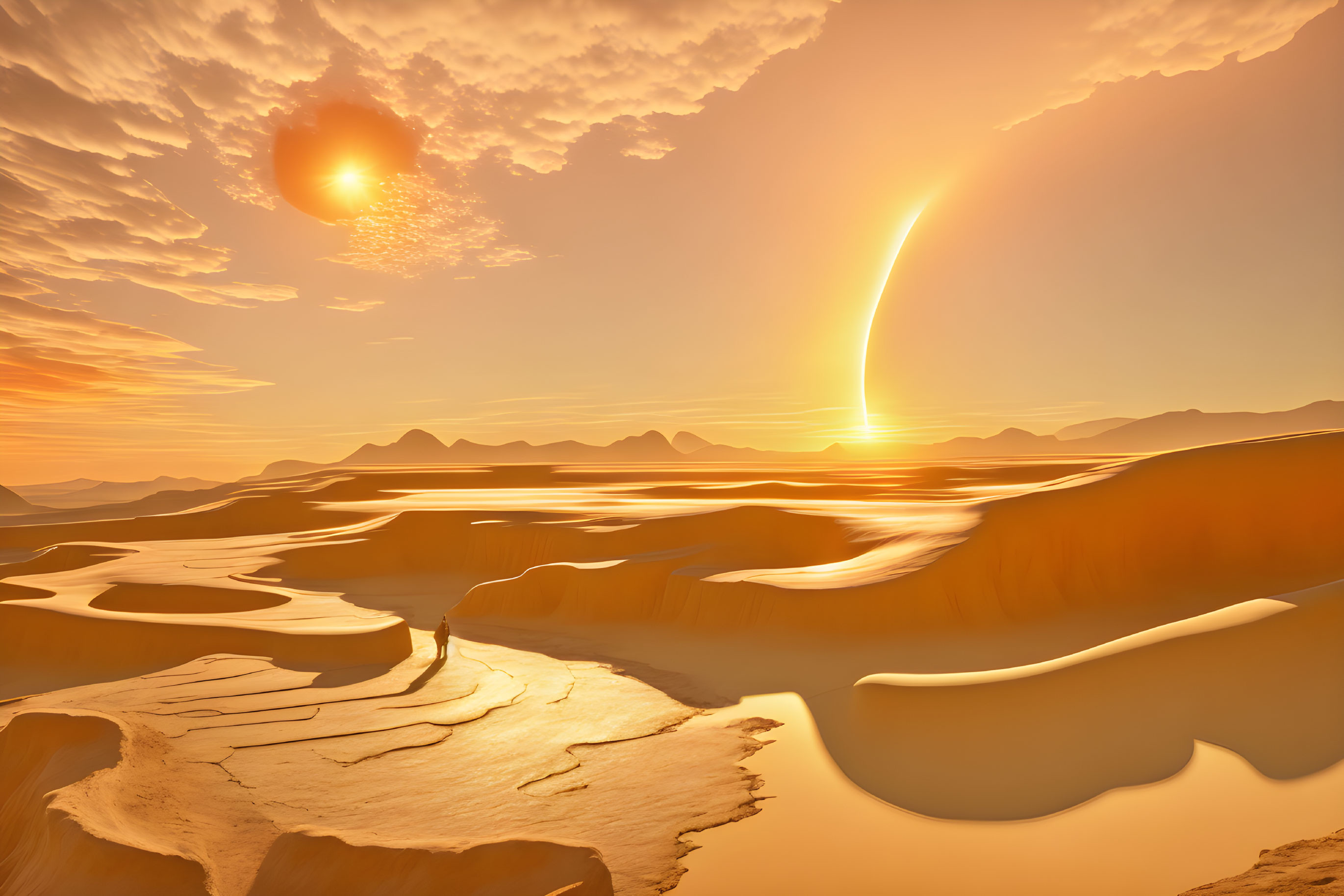 Surreal orange-toned landscape with sand dunes, water bodies, sun, and figure by