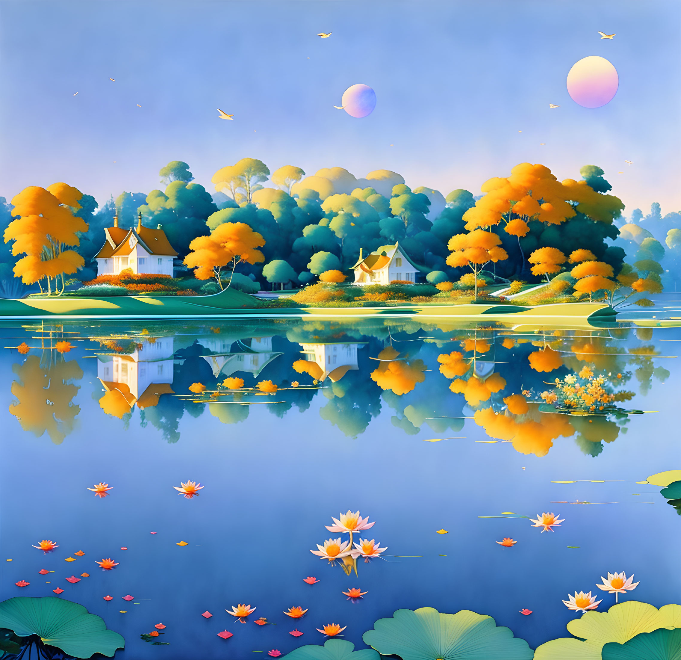 Colorful Fantasy Landscape with Reflective Water and Two Moons