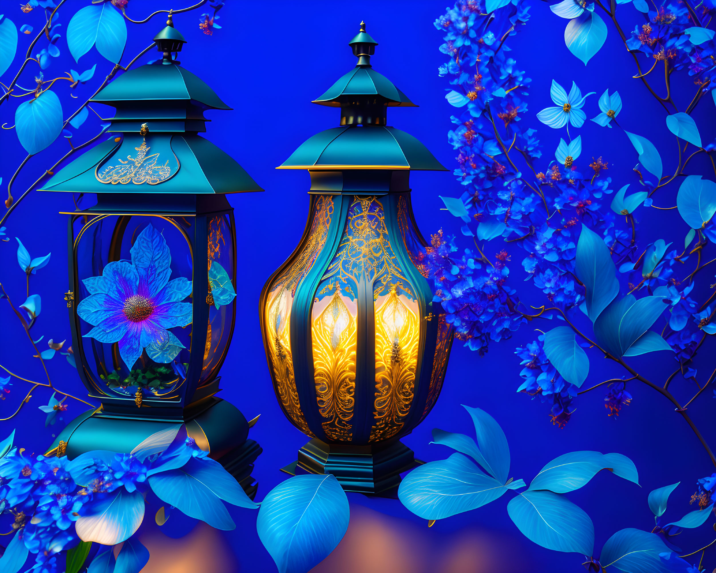 Ornate lanterns with intricate patterns among vibrant blue flowers