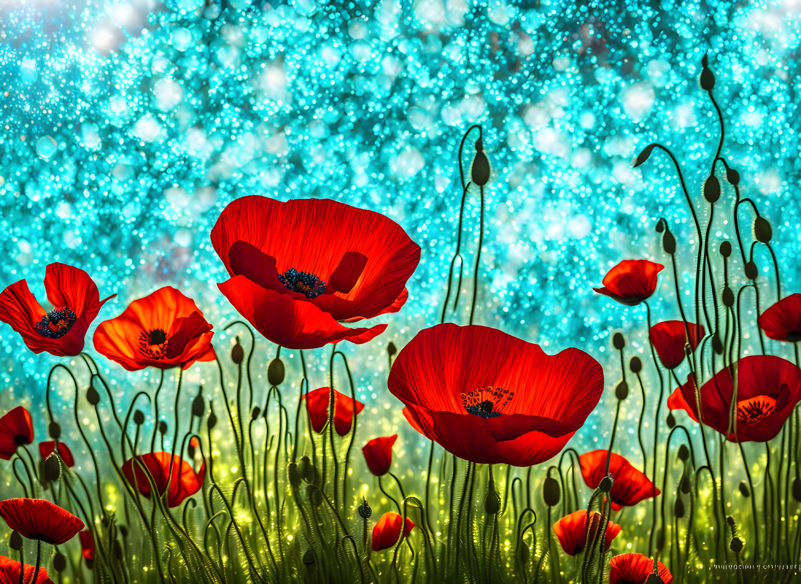 Red poppies with turquoise bokeh: Dreamy and serene floral image