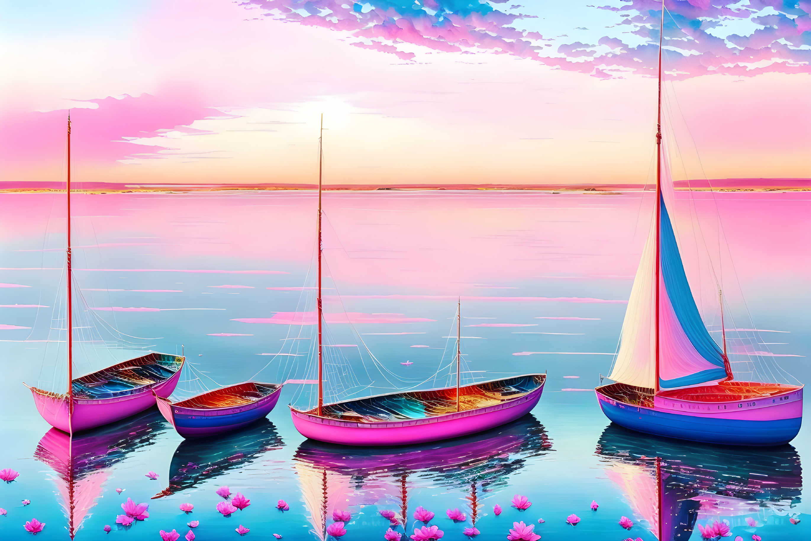 Tranquil painting of four sailboats on calm waters under pastel sky