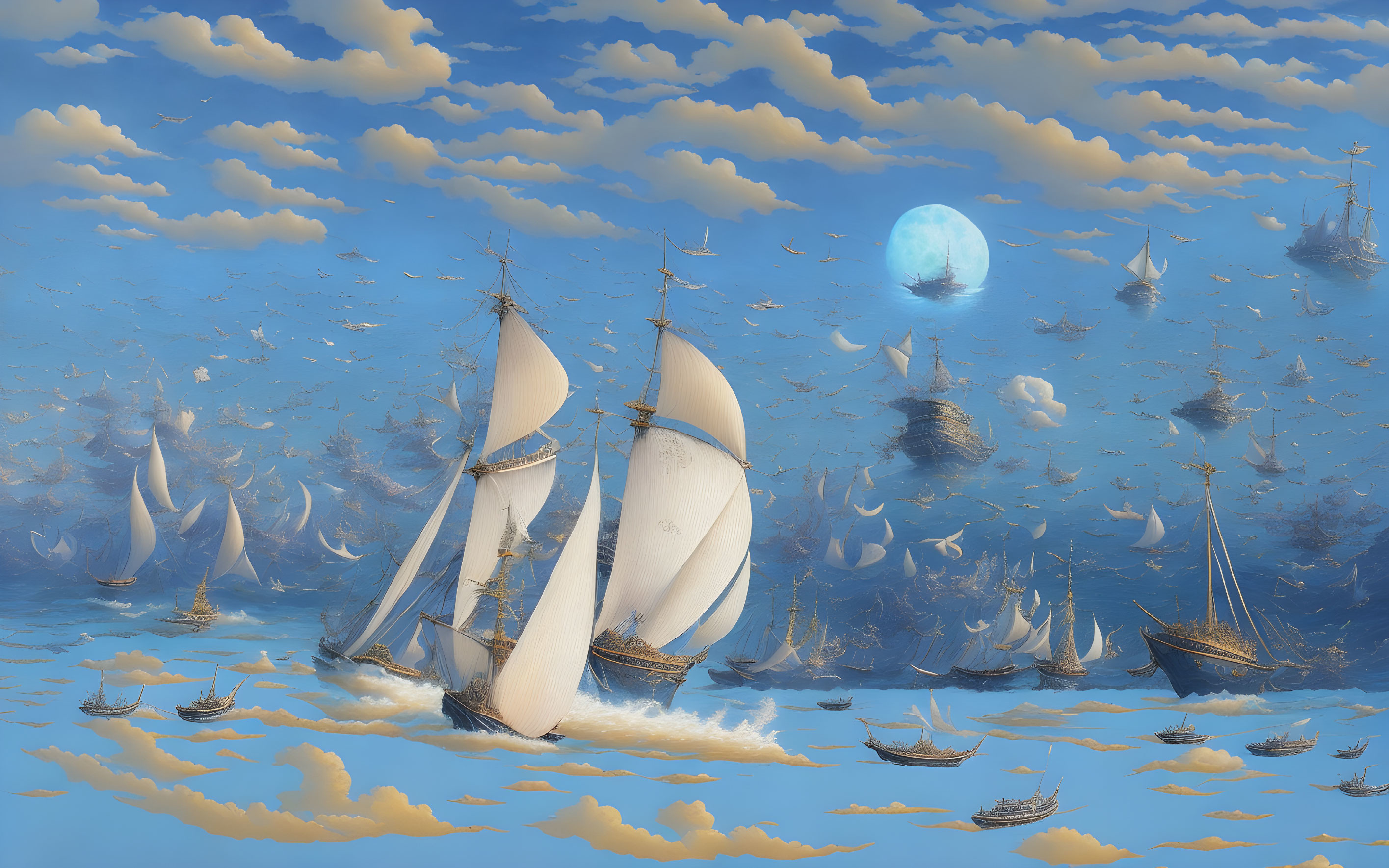 Surreal scene of sailing ships in blue sky with moon