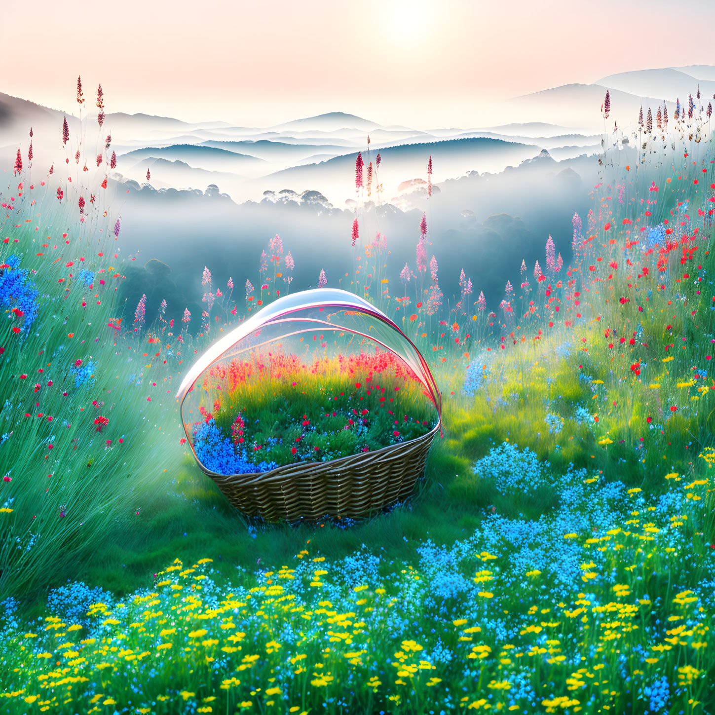 Foggy hills, meadow, glass basket in glowing sunrise landscape