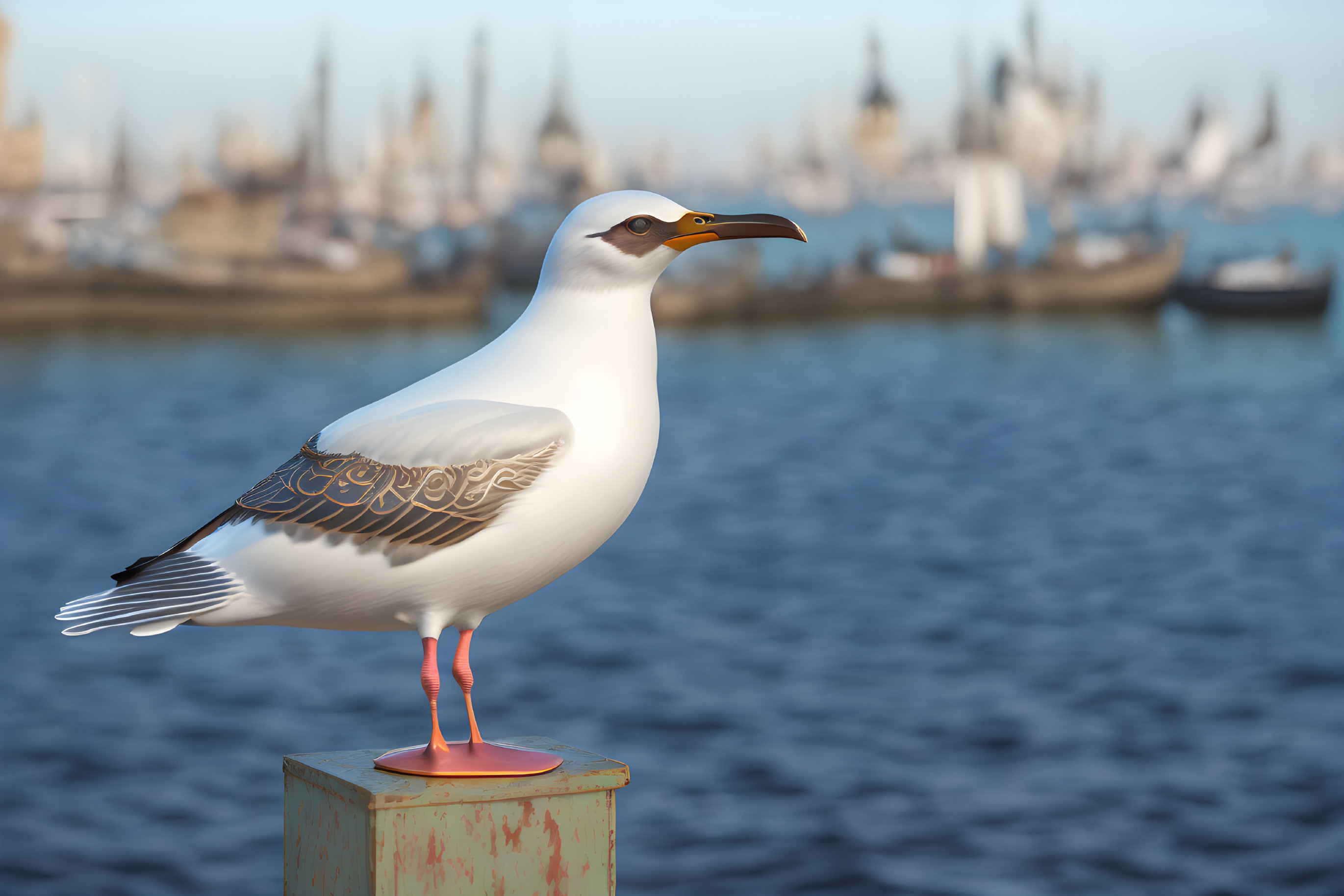 Seagull perched on post by sea with boats in soft focus