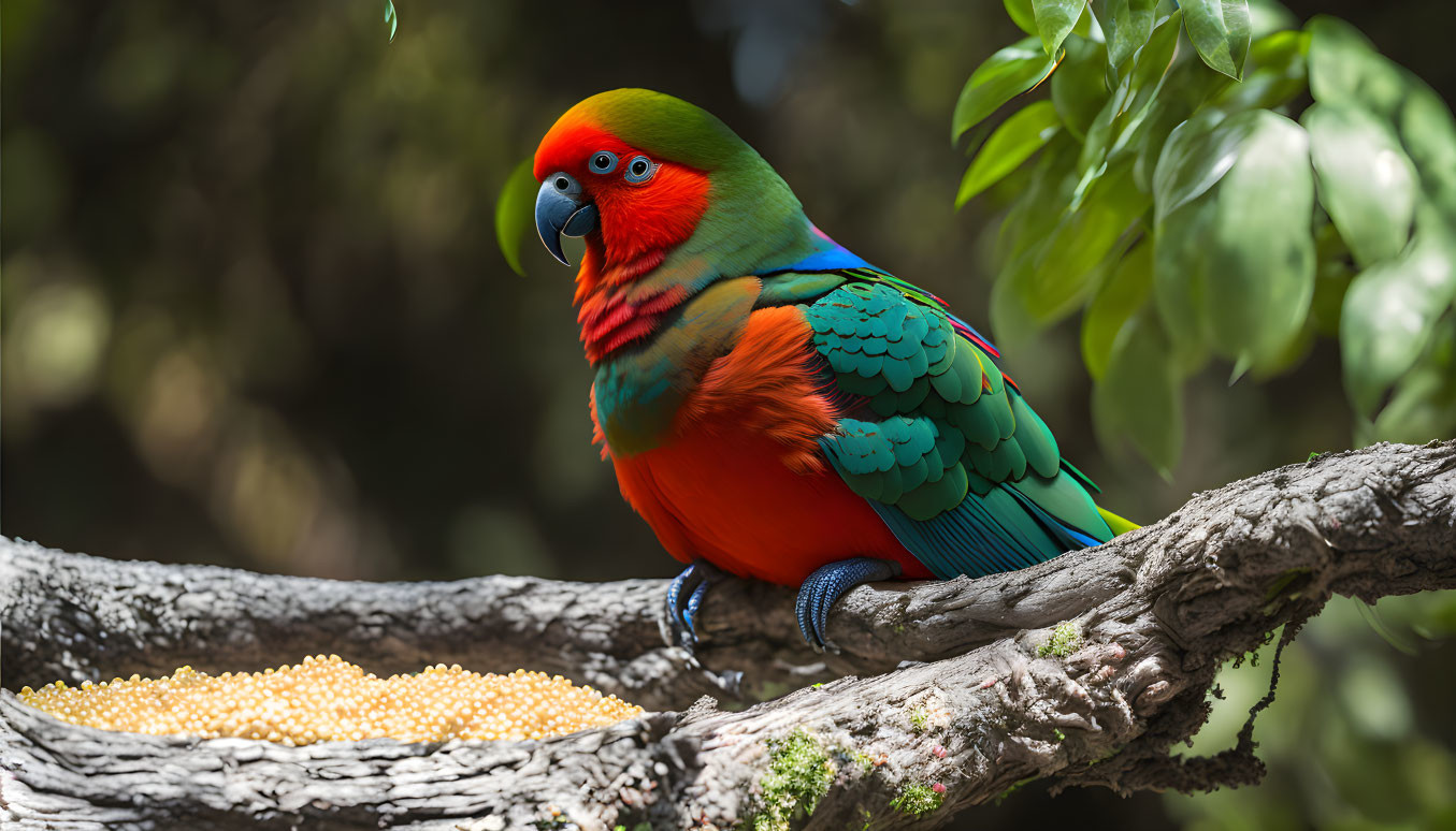 Vibrant red, green, and blue parrot on tree branch with yellow seeds.