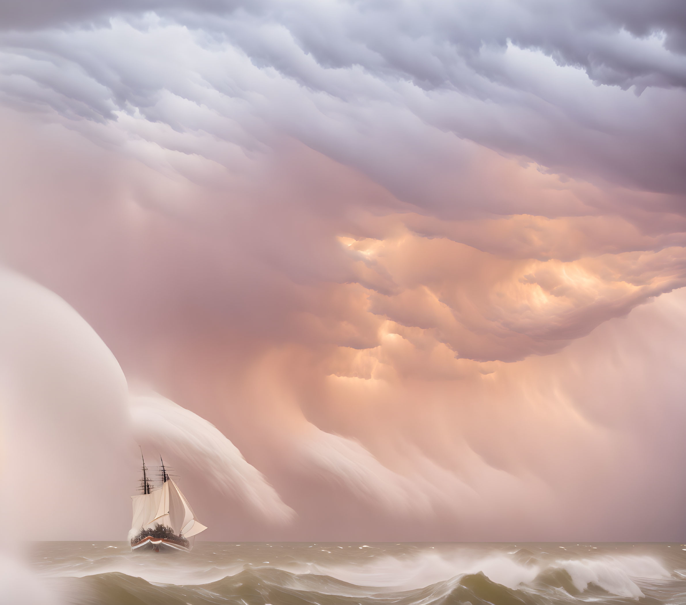 Sailboat in turbulent waters under dramatic pink and grey cloudscape