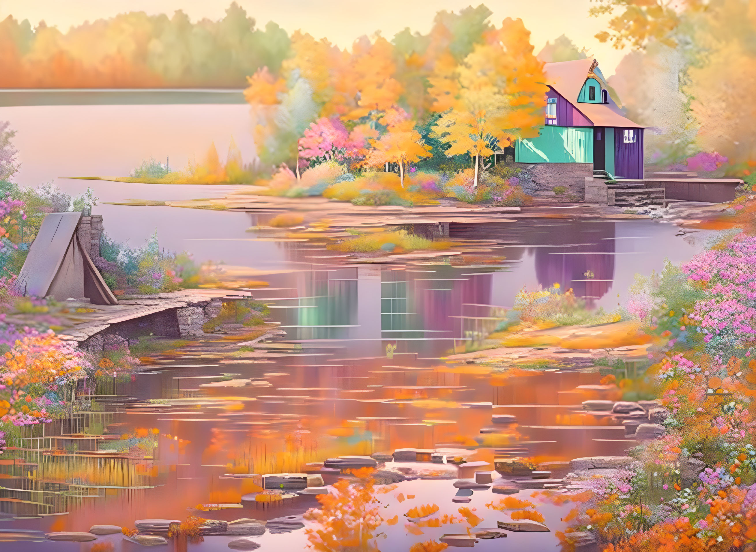 Vibrant autumn scene: purple and green house by lake, trees with orange leaves.