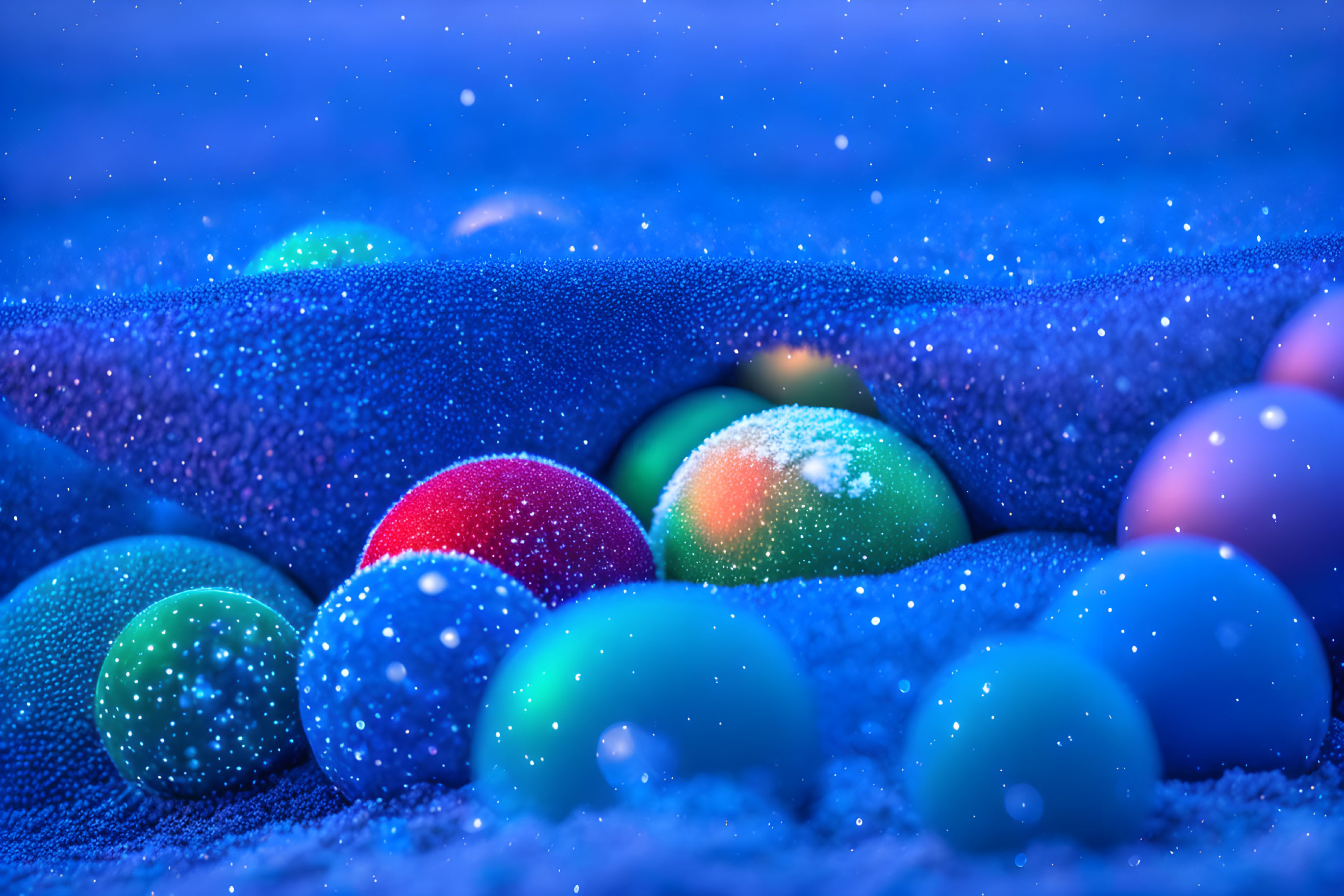 Vibrant frosty spheres in blue sandy landscape with sparkling particles