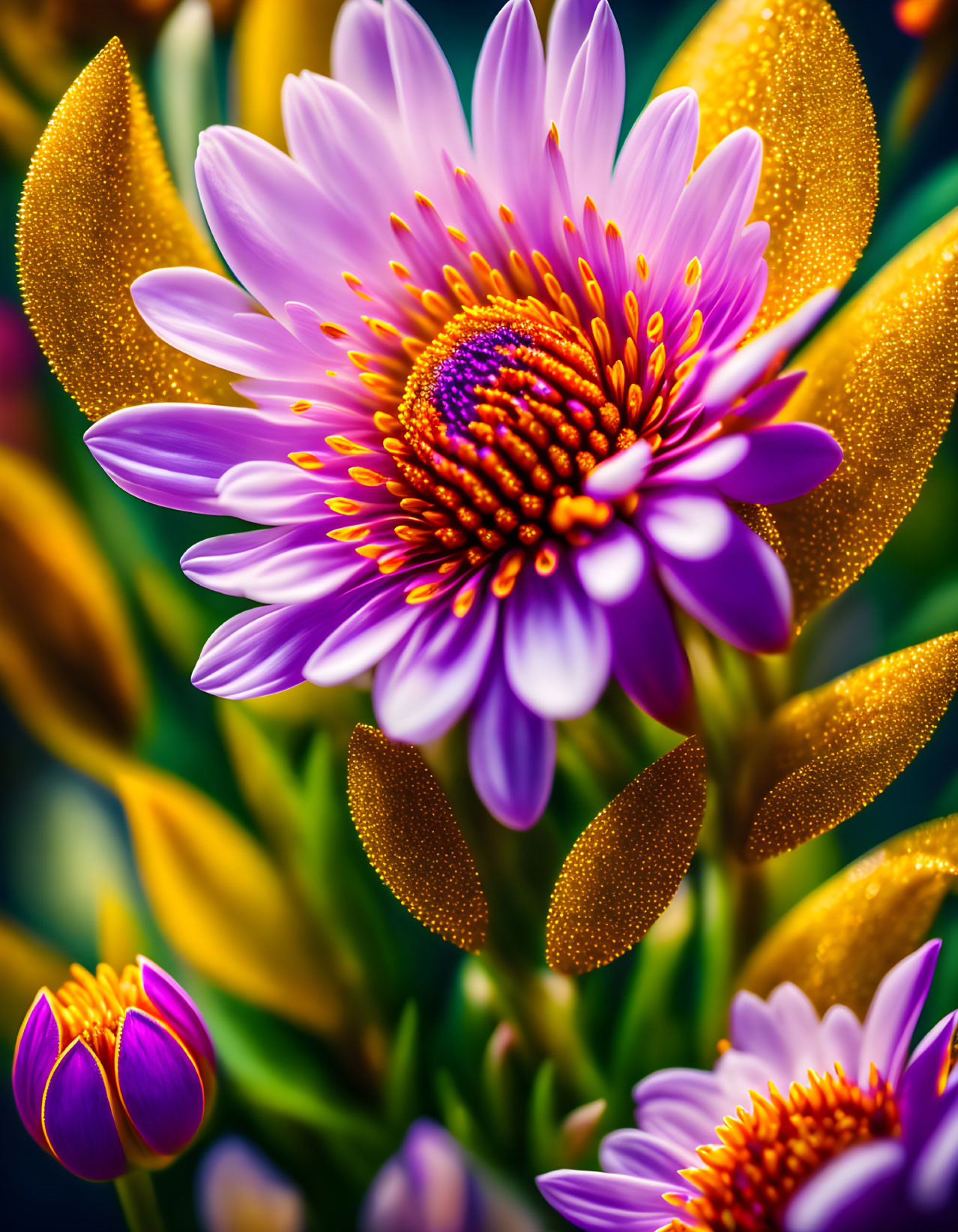 Detailed Close-Up of Purple and Yellow Flowers with Orange Stamens