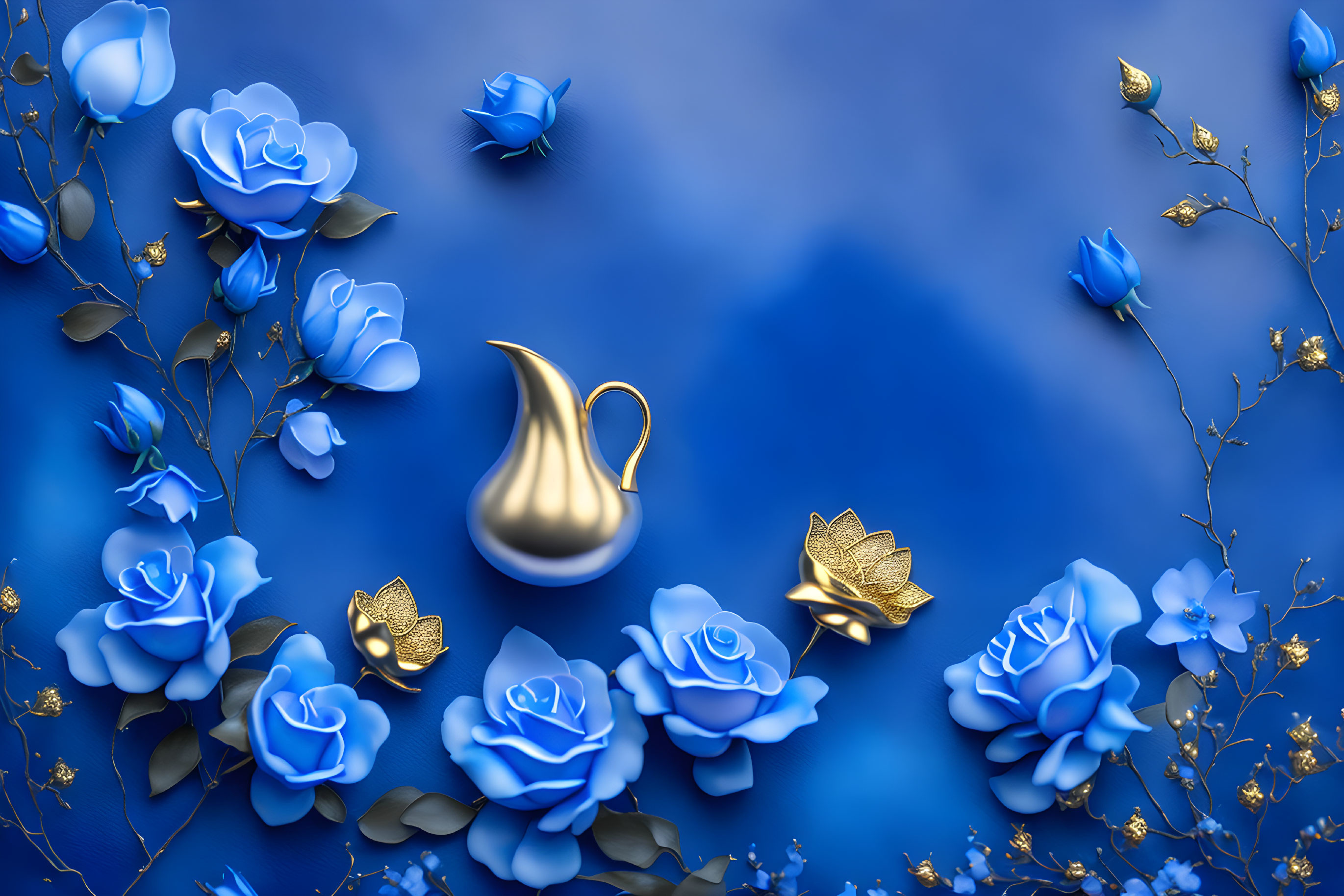 Metallic blue roses and golden leaves in central golden vase on blue background