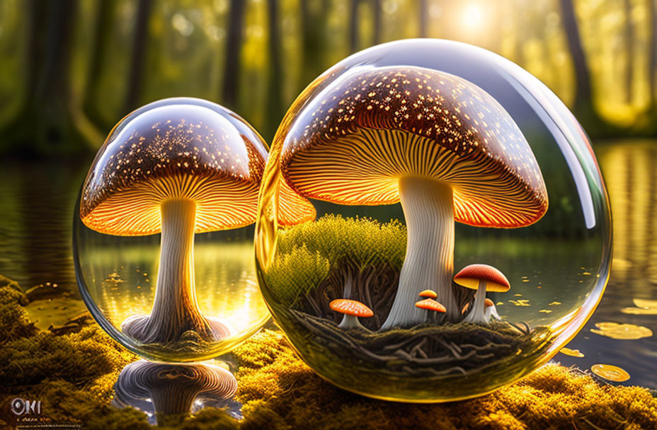 Sunlit forest scene with mushrooms in bubbles and water reflections