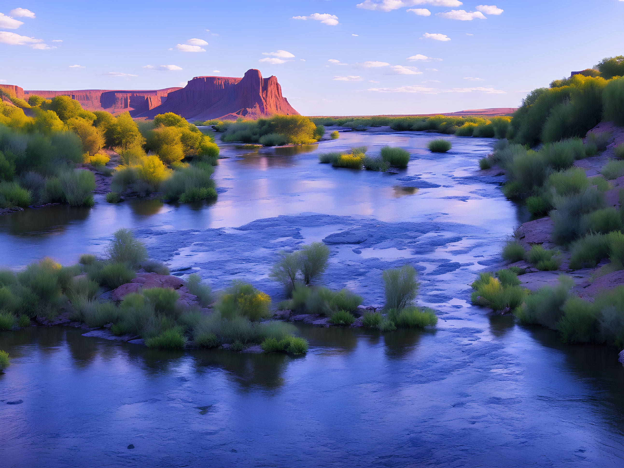 Tranquil River Landscape with Greenery and Red Rock Formations