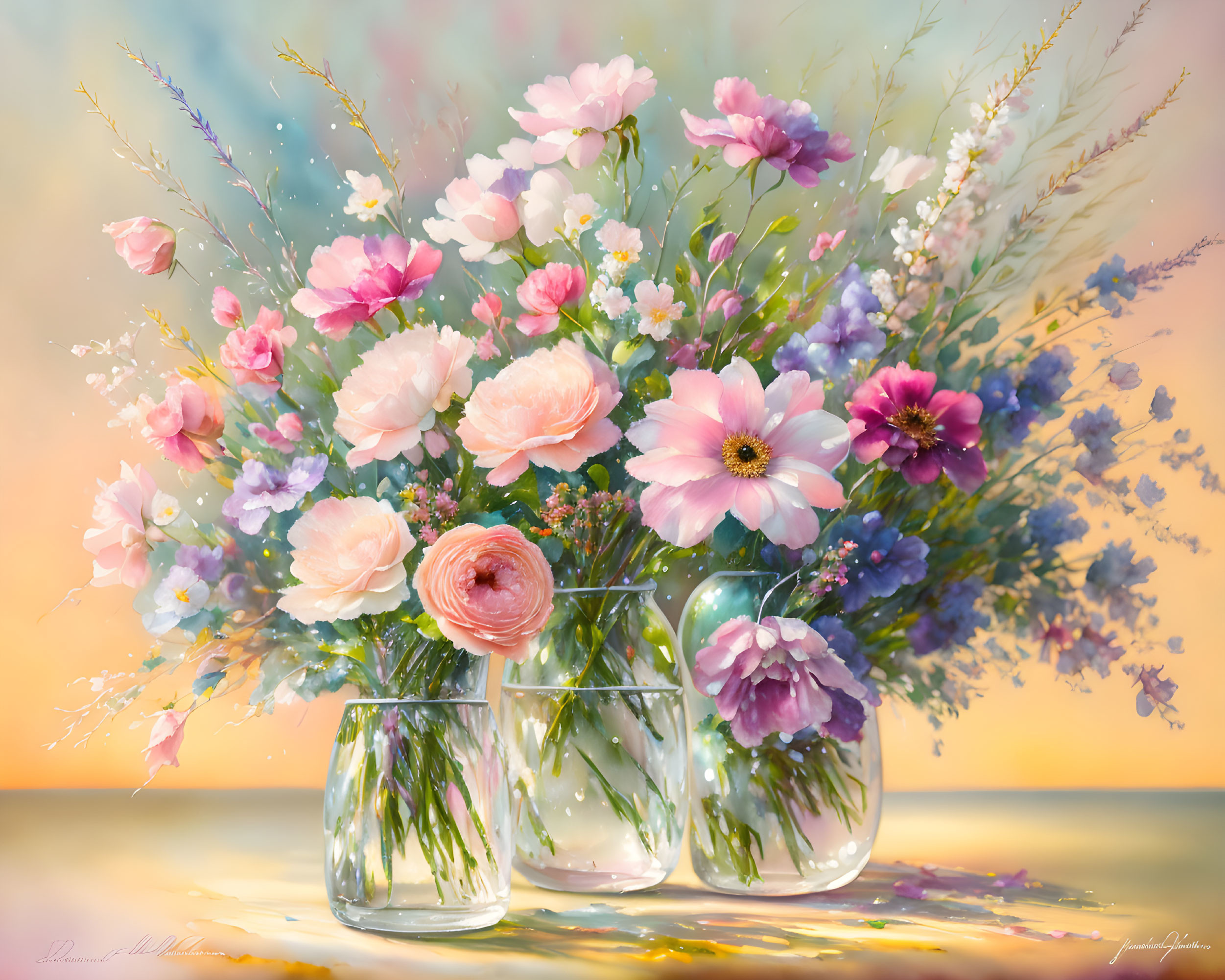 Colorful flowers in glass vases on softly lit background