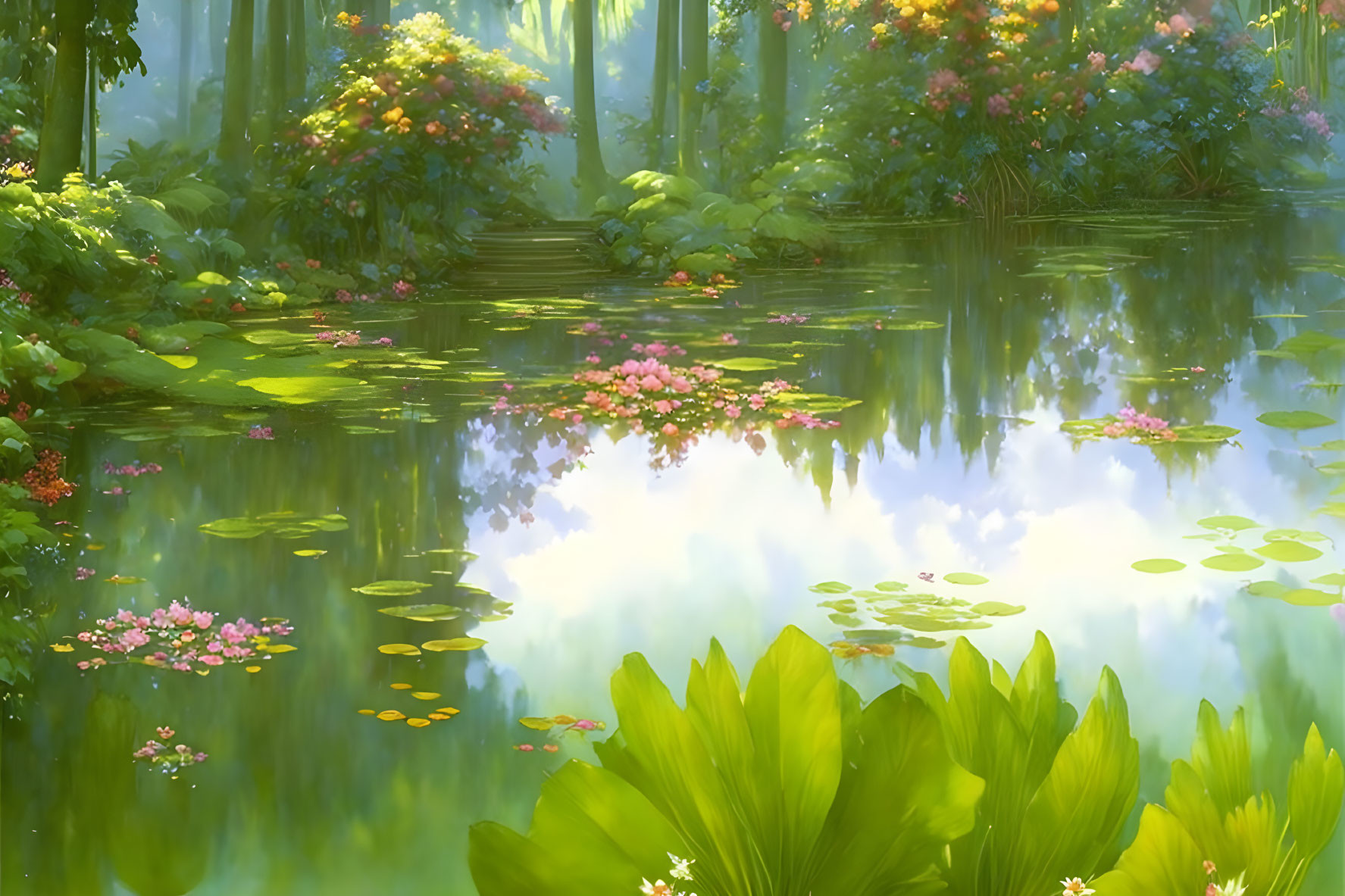 Serene forest pond with greenery, water lilies, and pink flowers reflecting in sunlight