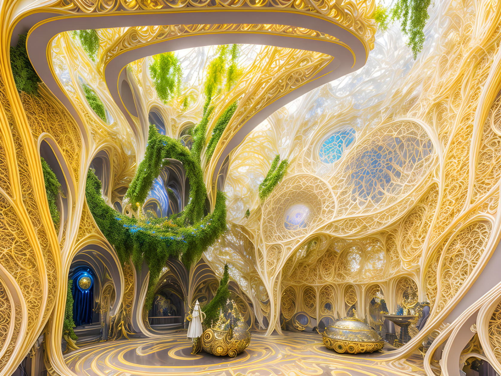 Fantastical interior with swirling golden architecture and lavish furniture