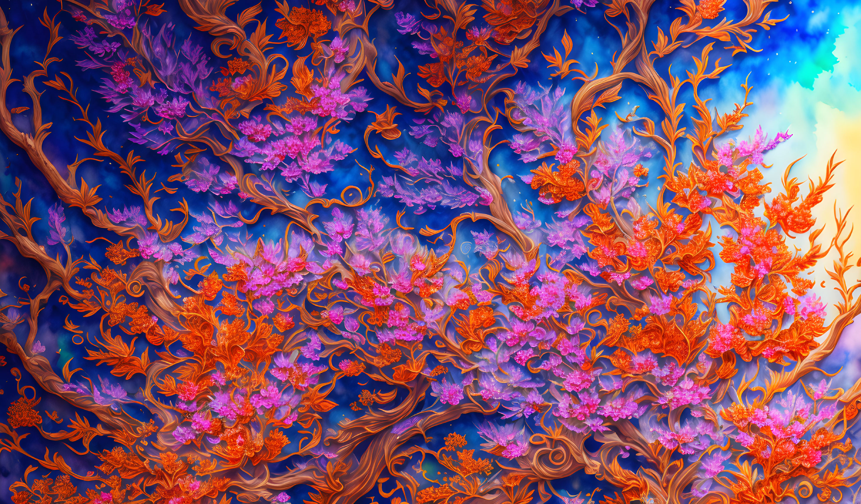 Fantasy coral trees illustration in vibrant colors against deep blue ocean background