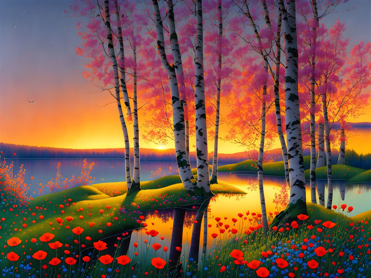 Scenic landscape with birch trees, lake, sunset sky, red poppies, and colorful flowers