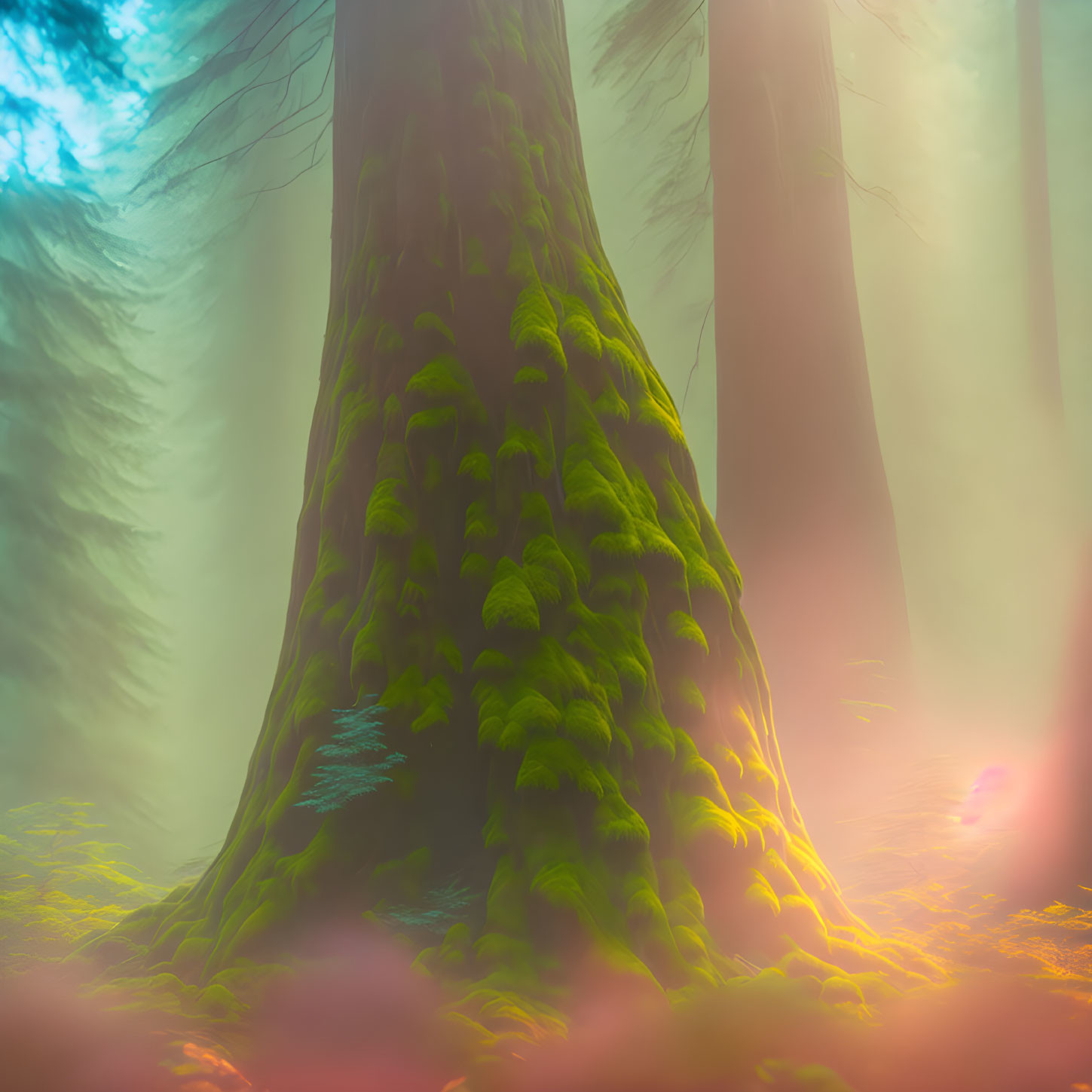 Mystical forest with towering trees and ethereal atmosphere