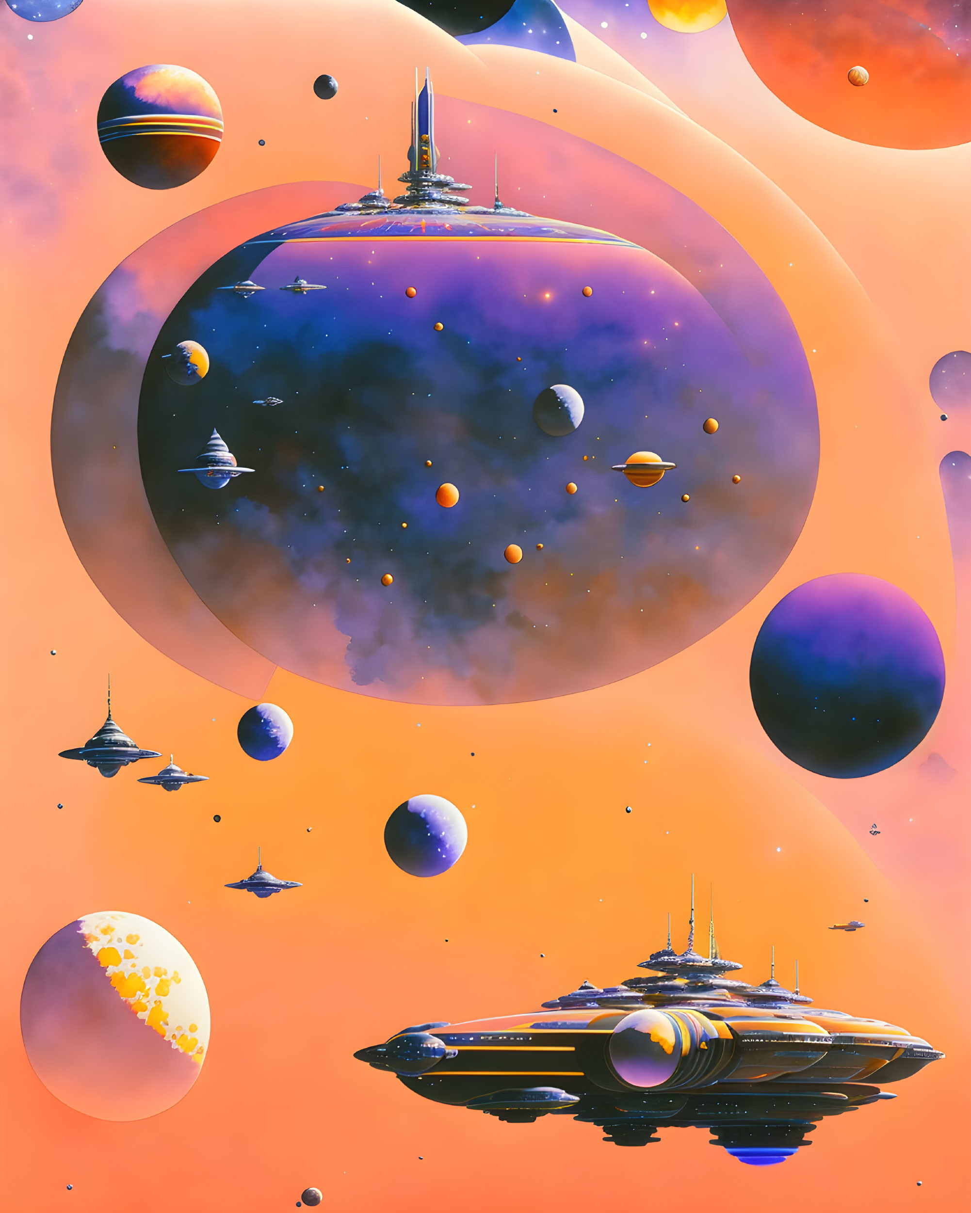 Colorful space scene with planets, spaceships, and celestial backdrop