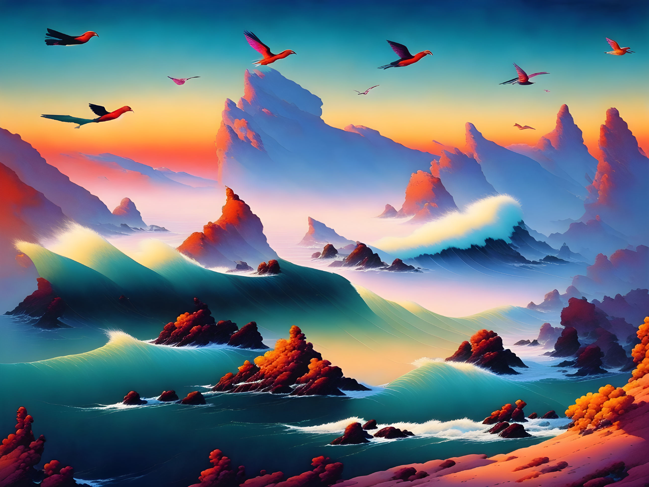 Surreal landscape with waves, mountains, birds, and foliage