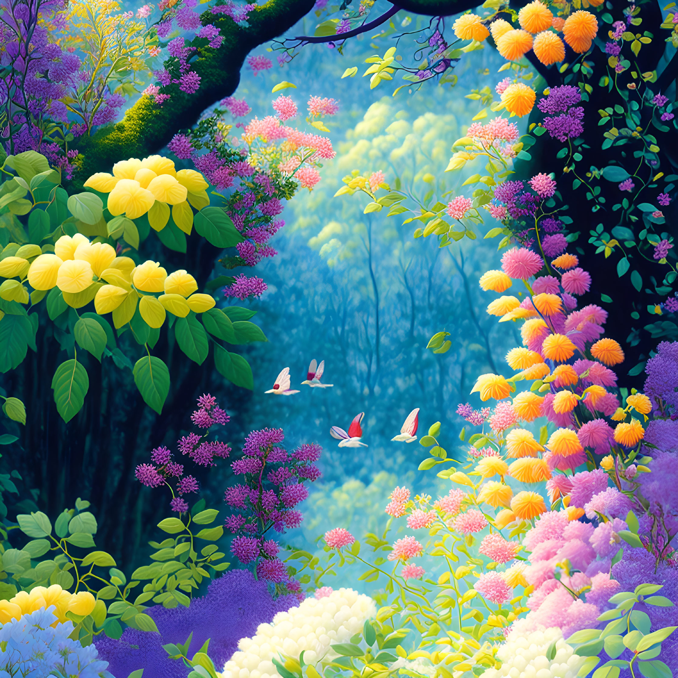 Colorful Fantasy Forest with Flowers, Greenery, and Butterflies