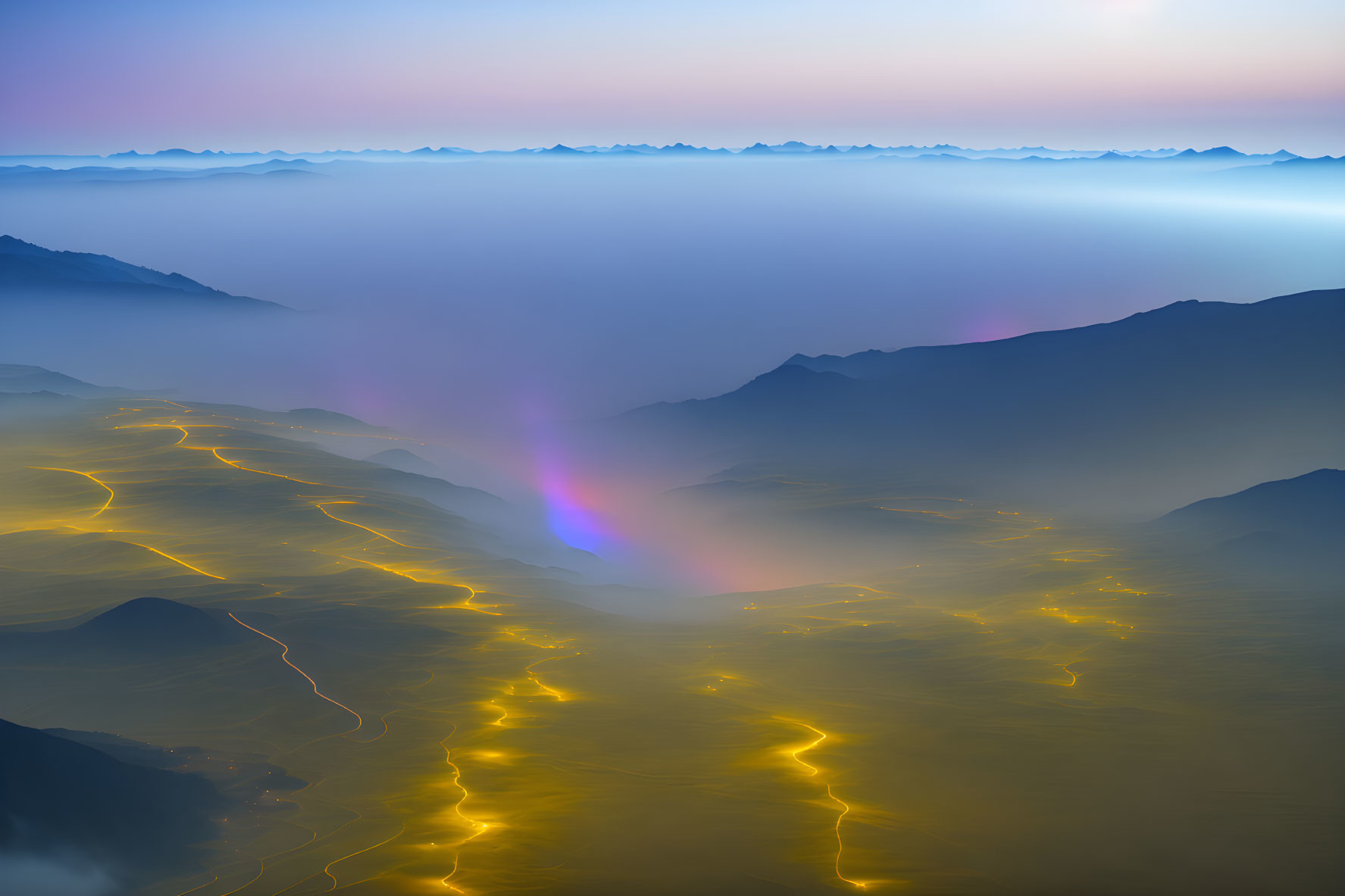 Golden-lit hills in mystical twilight landscape