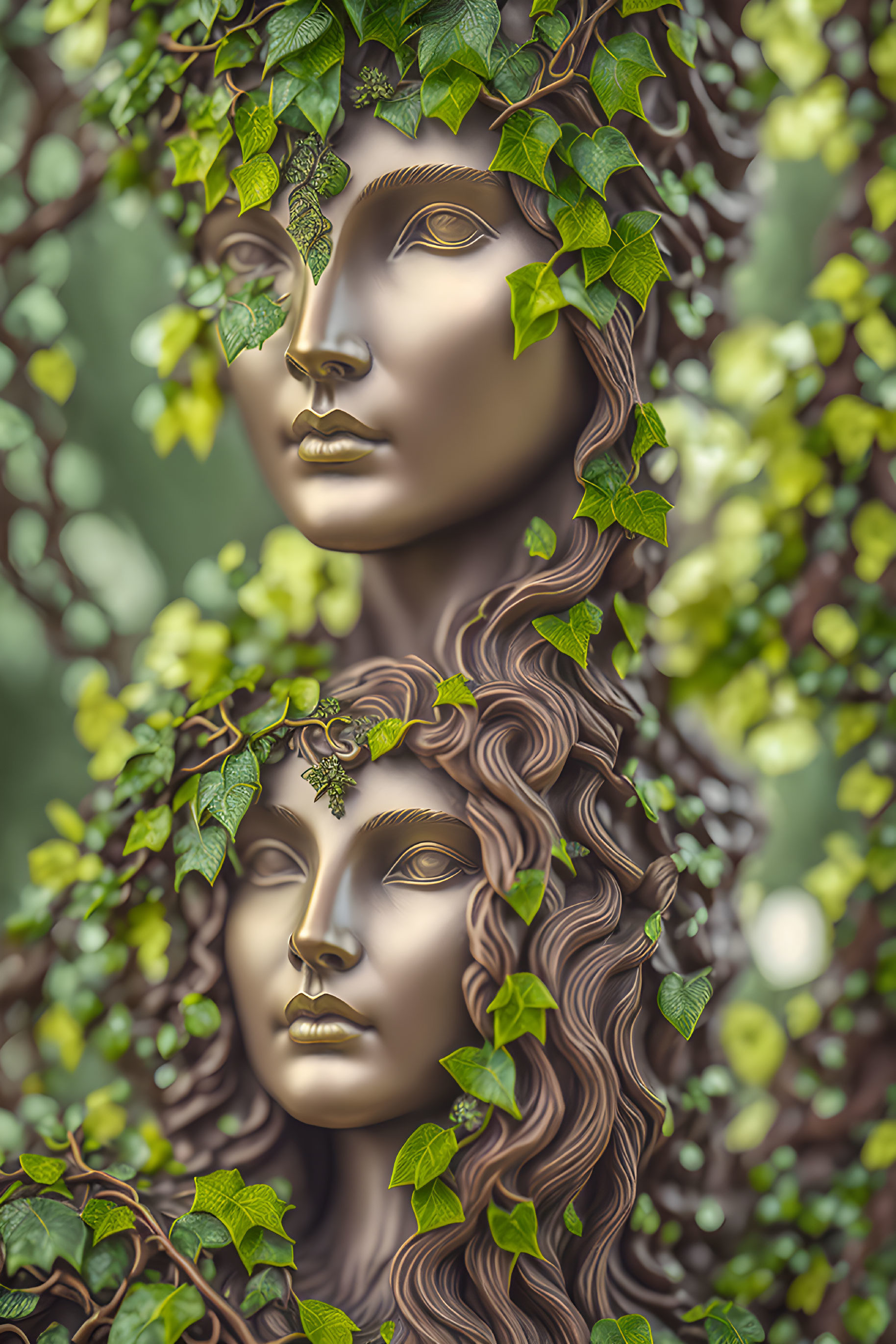 Surreal image of intertwined faces with ivy, blending nature and human features.