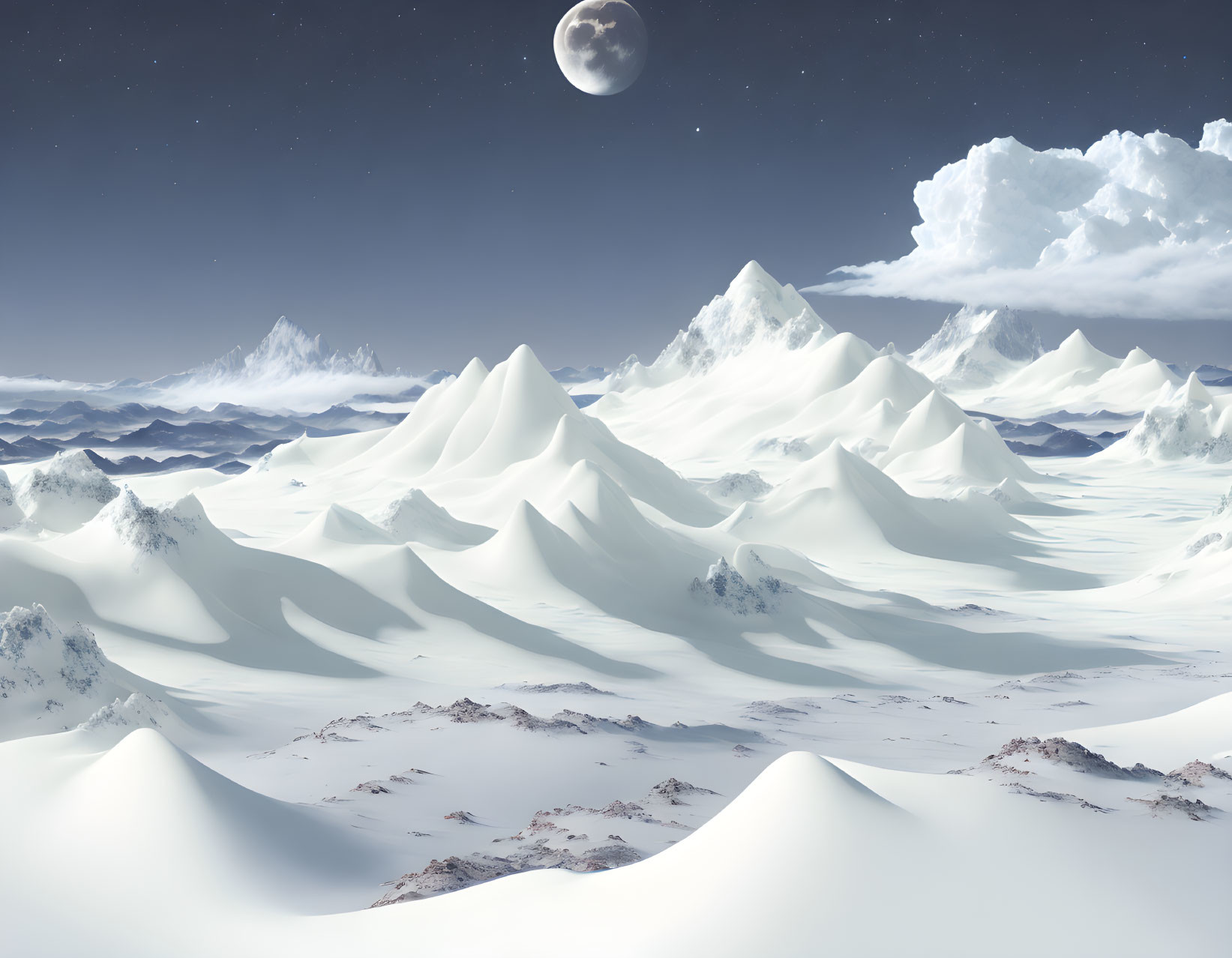 Snowy Landscape with Majestic Mountains and Full Moon