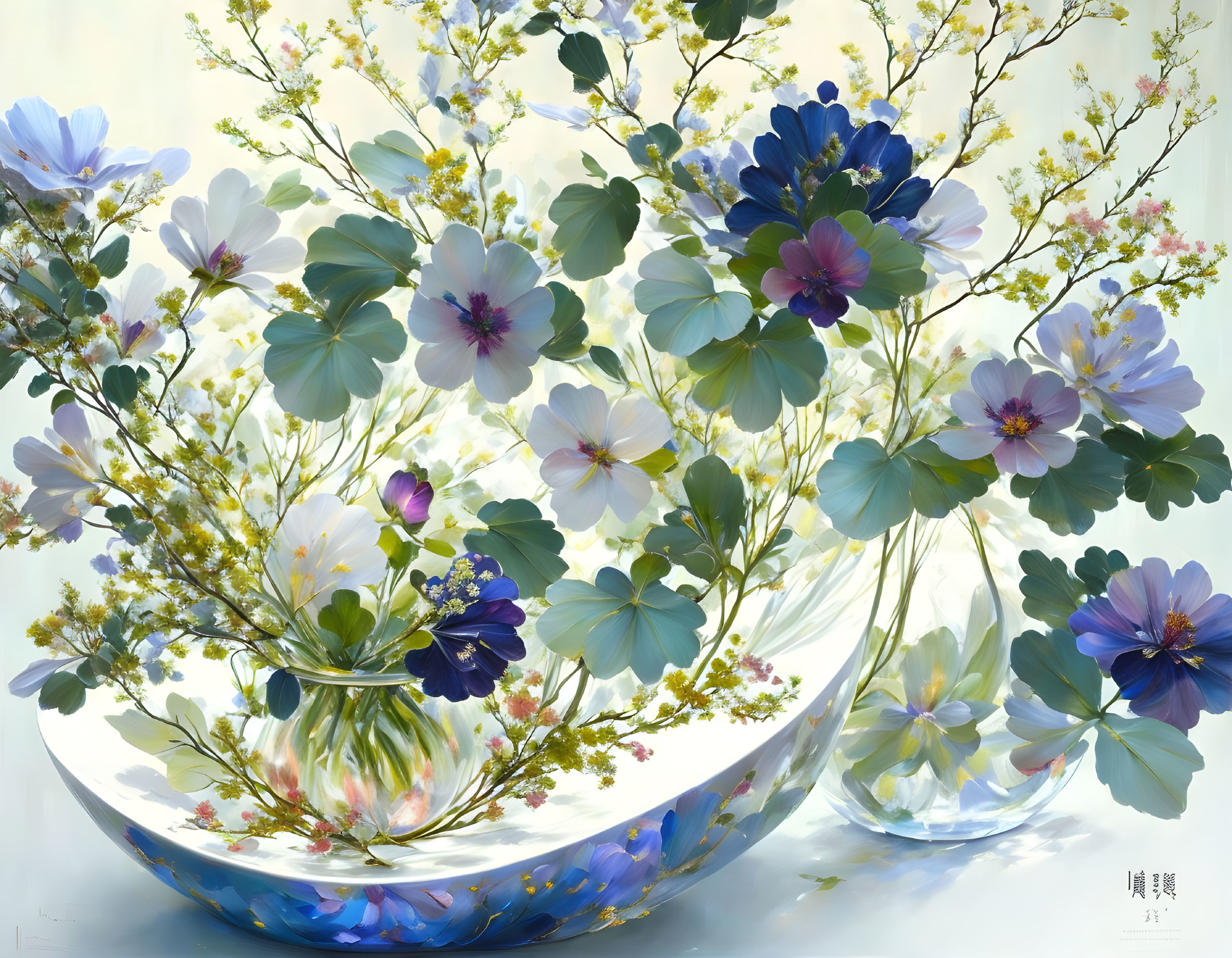 Blue and White Flowers in Glass Vase on Light Background