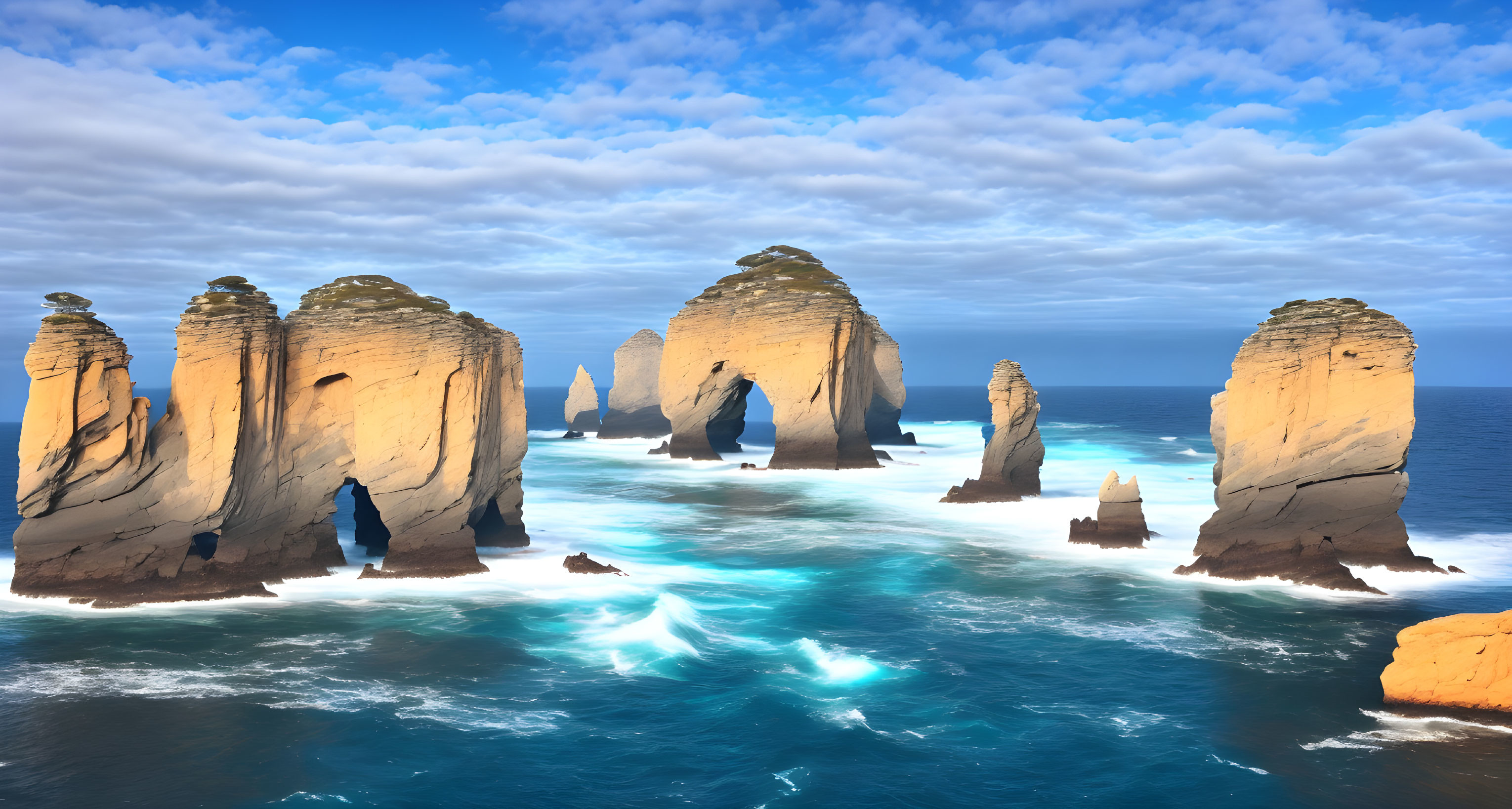 Coastal limestone stacks with turbulent blue sea and cloudy sky