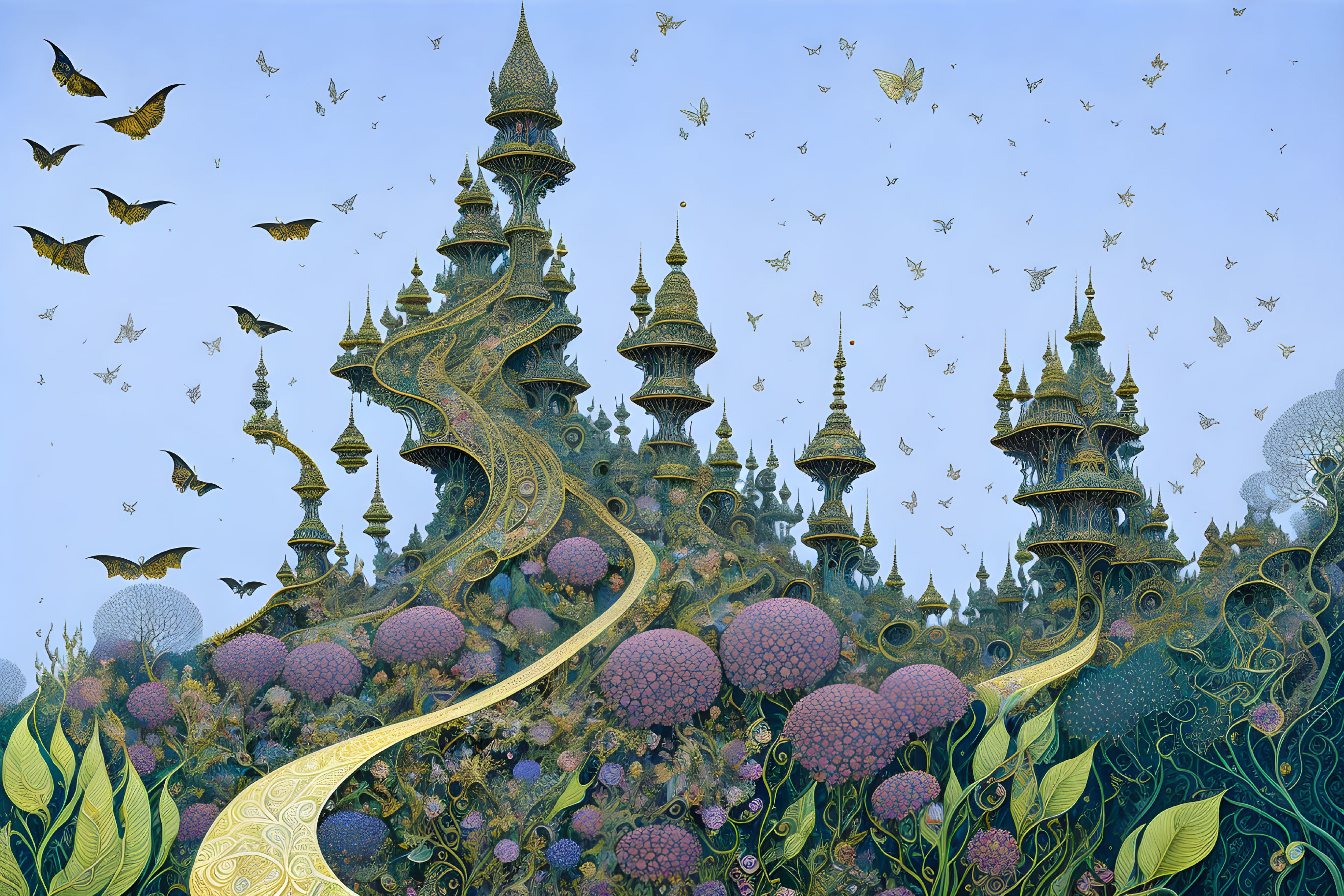 Fantastical landscape with ornate towers and butterflies in starry sky