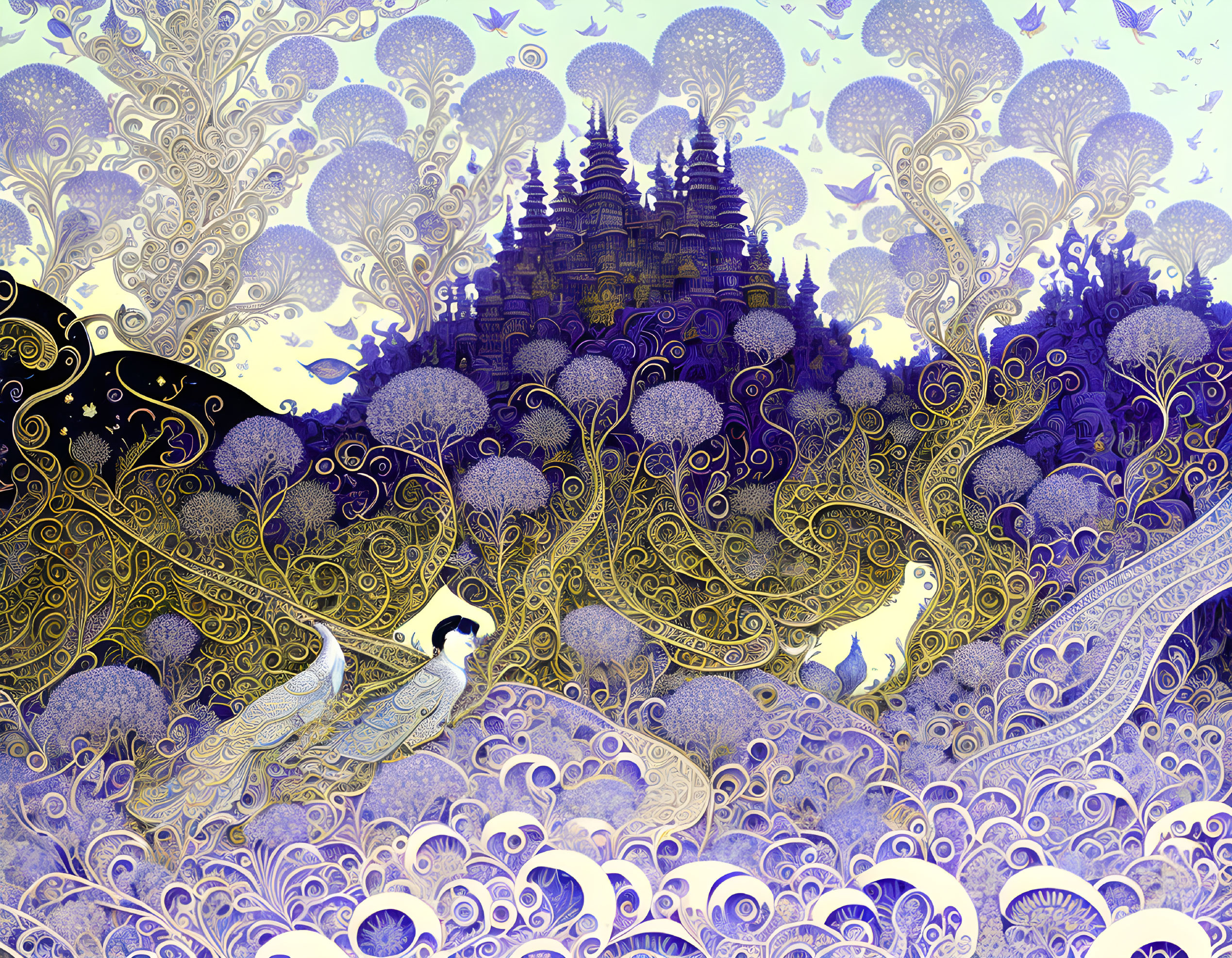 Fantastical illustration of gold-patterned waves, swans, and castle under starry sky