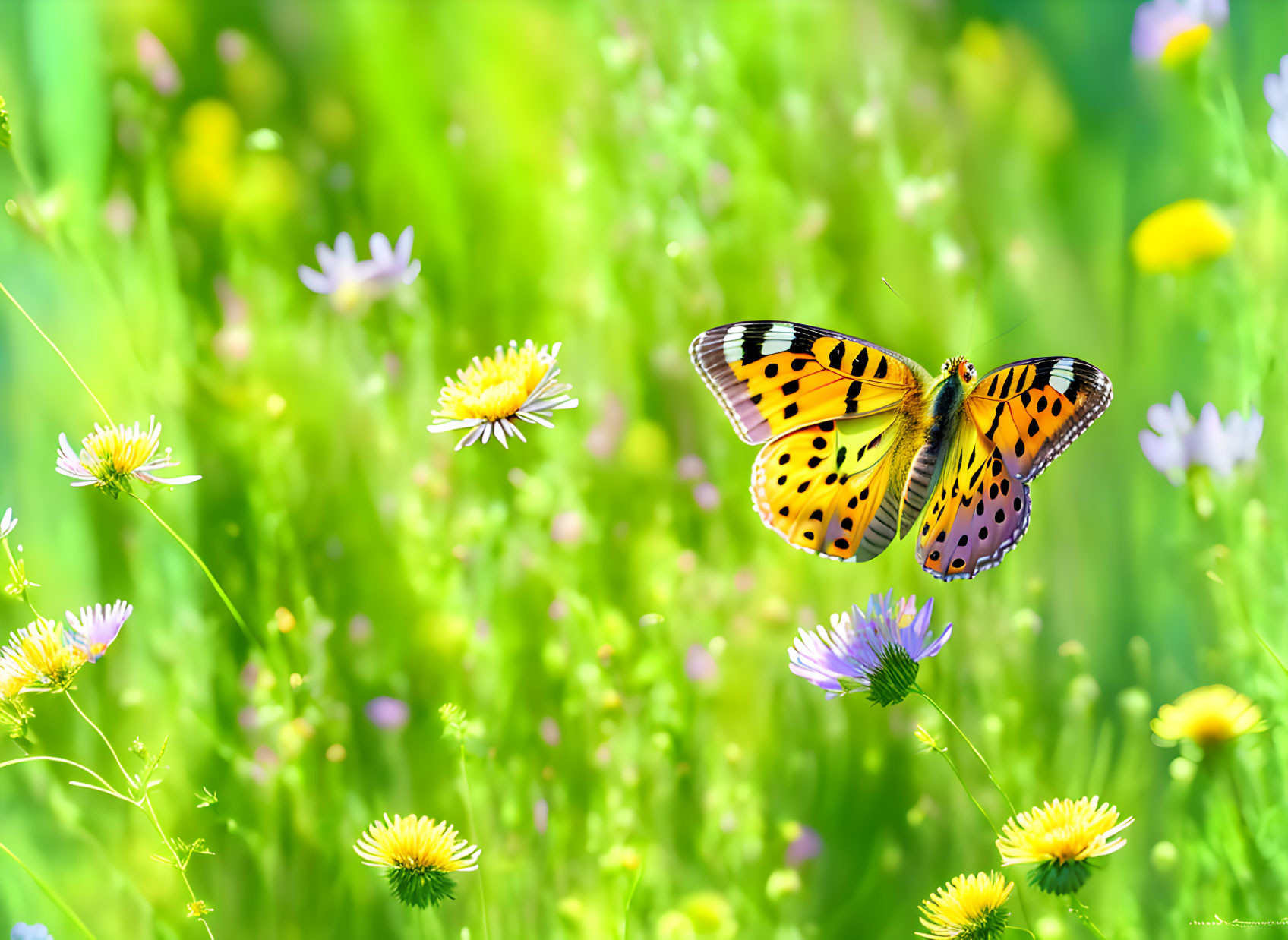 Orange butterfly with black spots on delicate flower in green field.