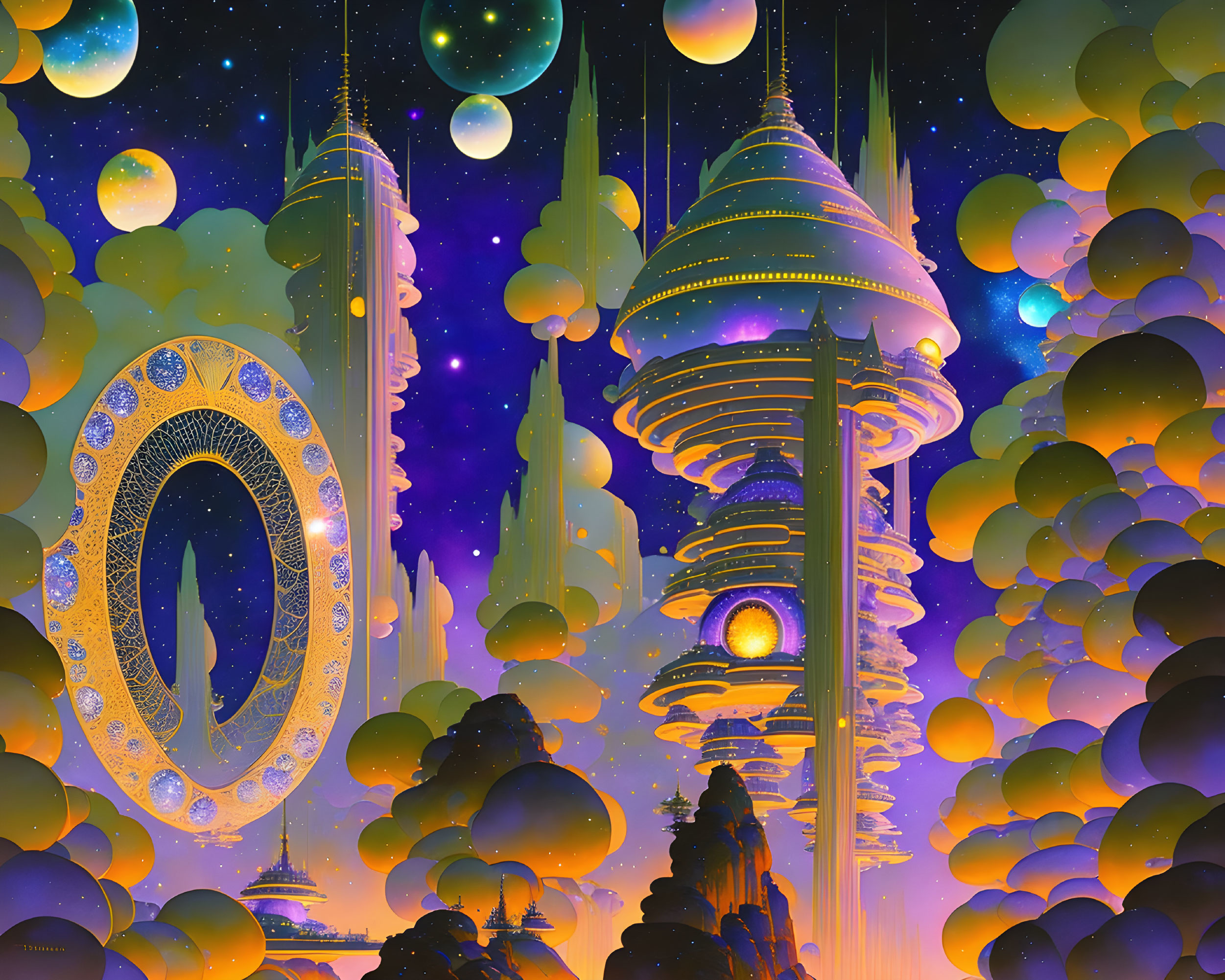 Futuristic sci-fi cityscape with floating orbs and ring-shaped structure