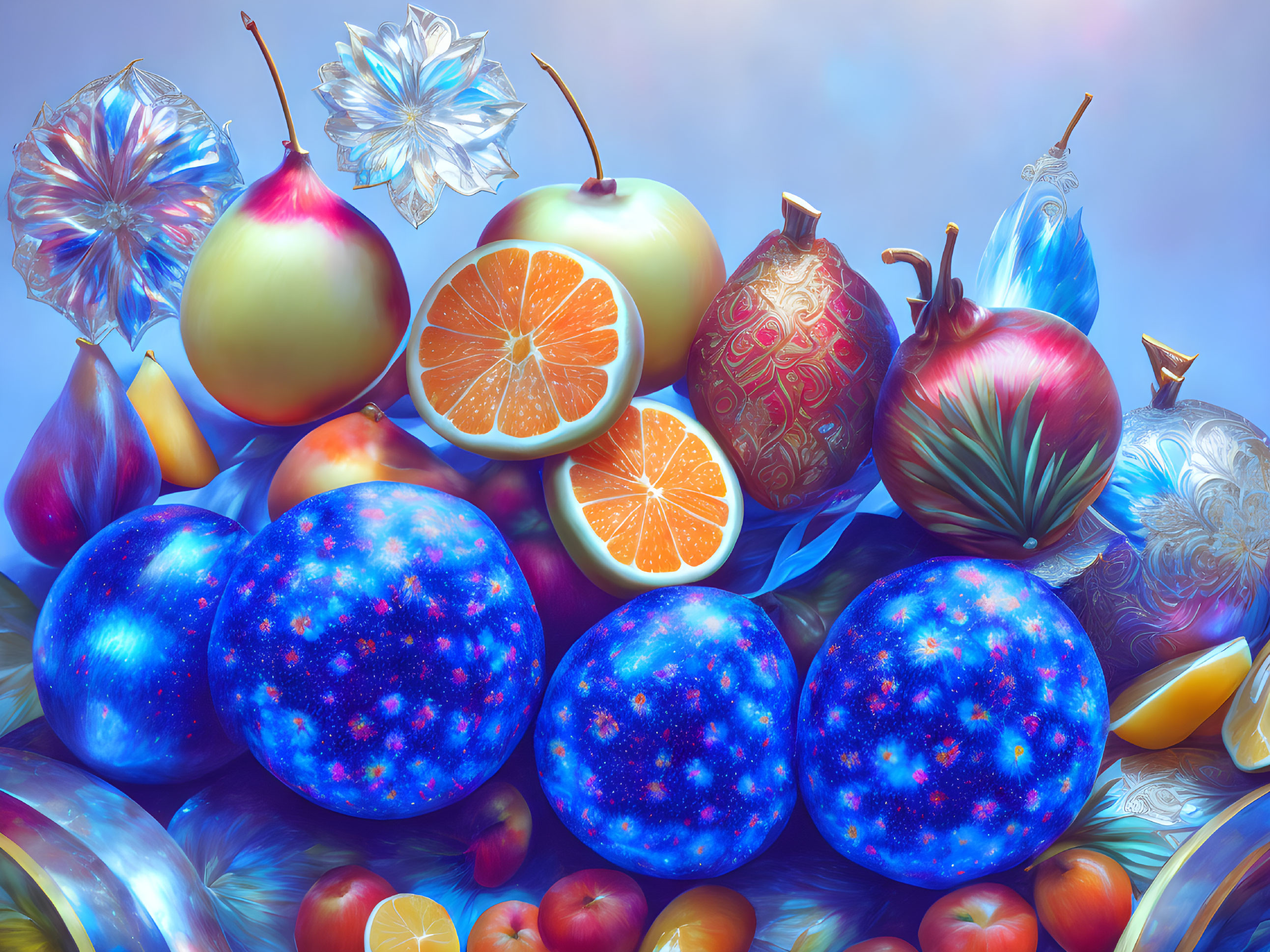 Colorful Still Life of Cosmic Fruit and Flowers