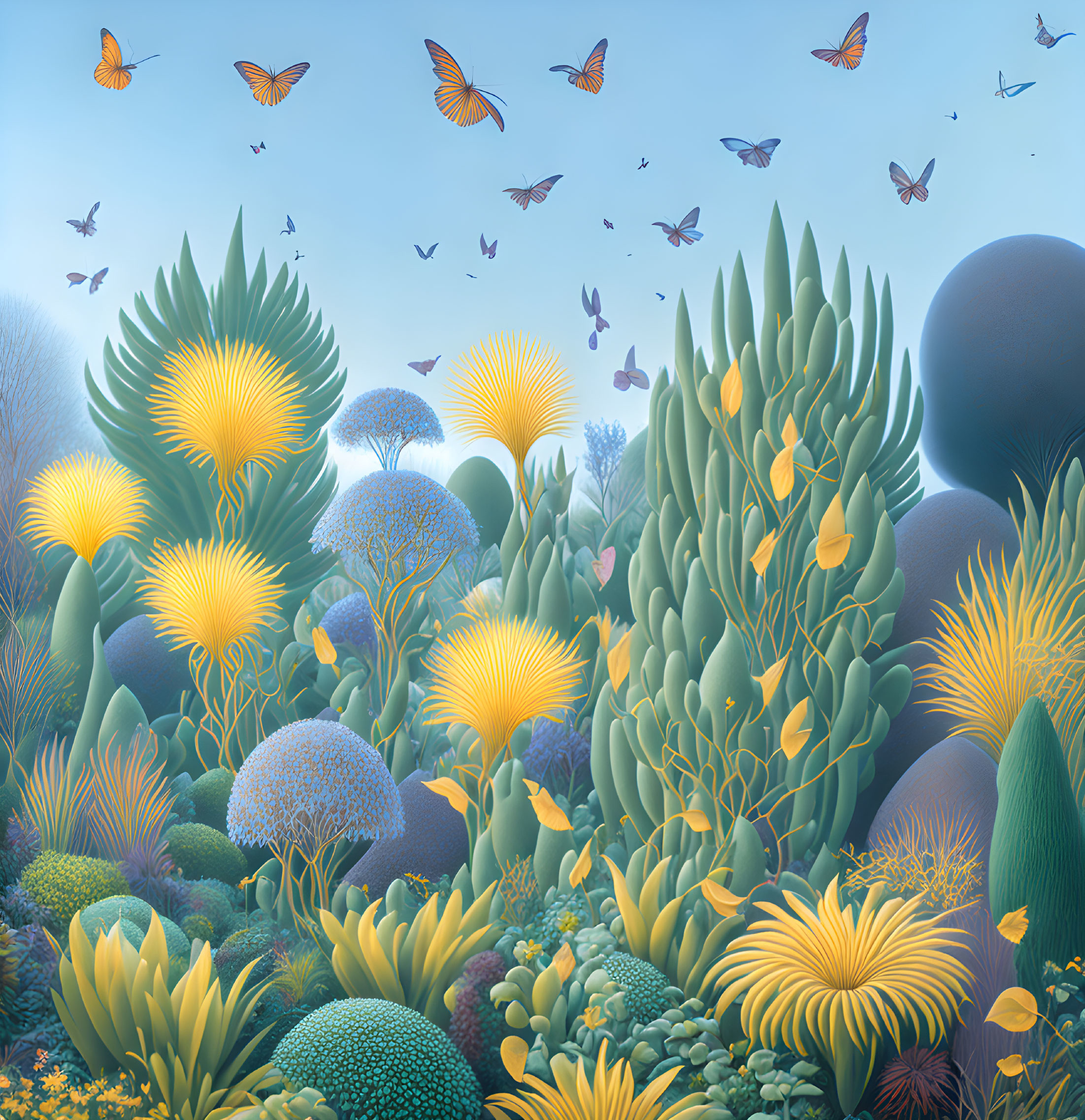 Colorful illustration of diverse plants and butterflies