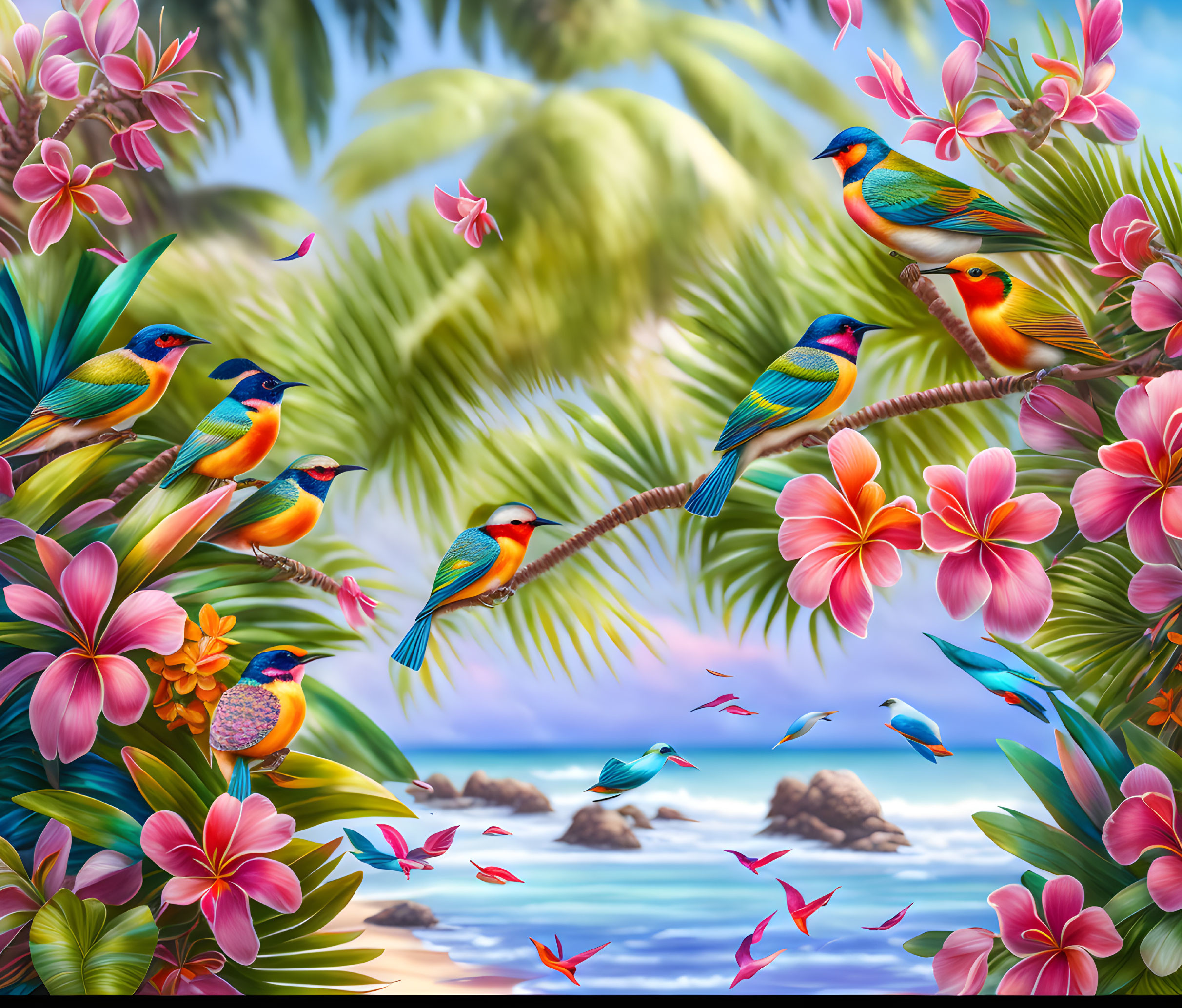 Vibrant birds on tropical branches with beach backdrop