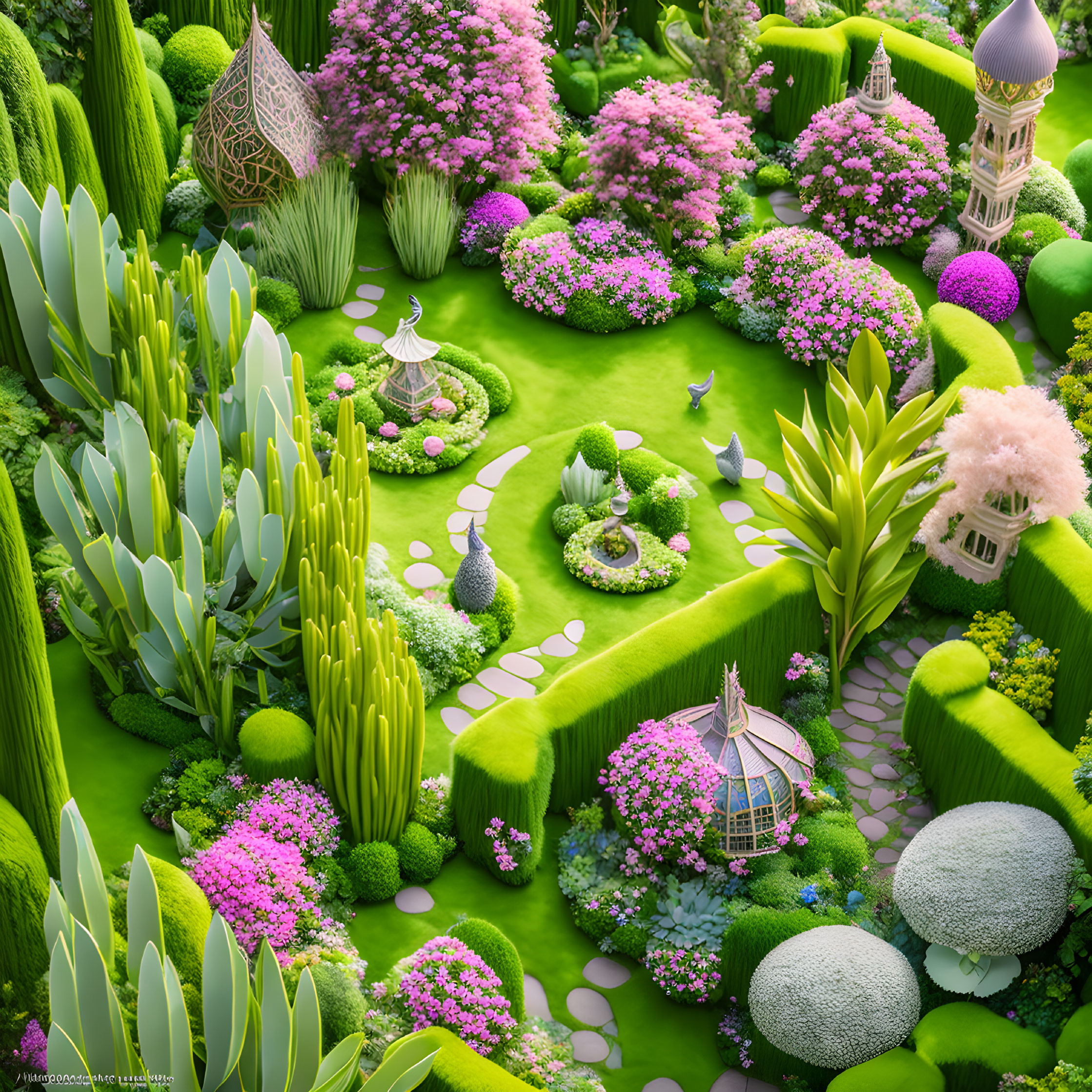 Vibrant fantasy garden with greenery, colorful flowers, topiaries, pathways, gazeb