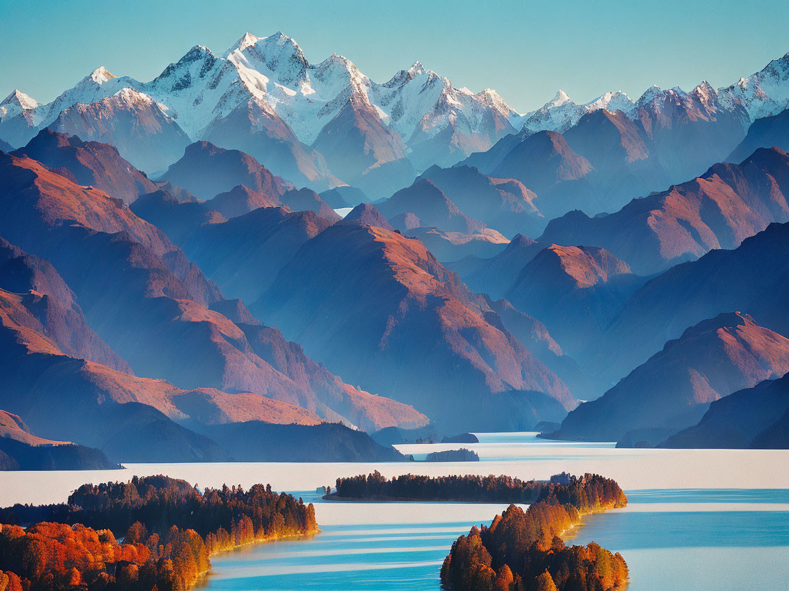 Tranquil lake with autumn trees, snow-capped mountains under clear sky