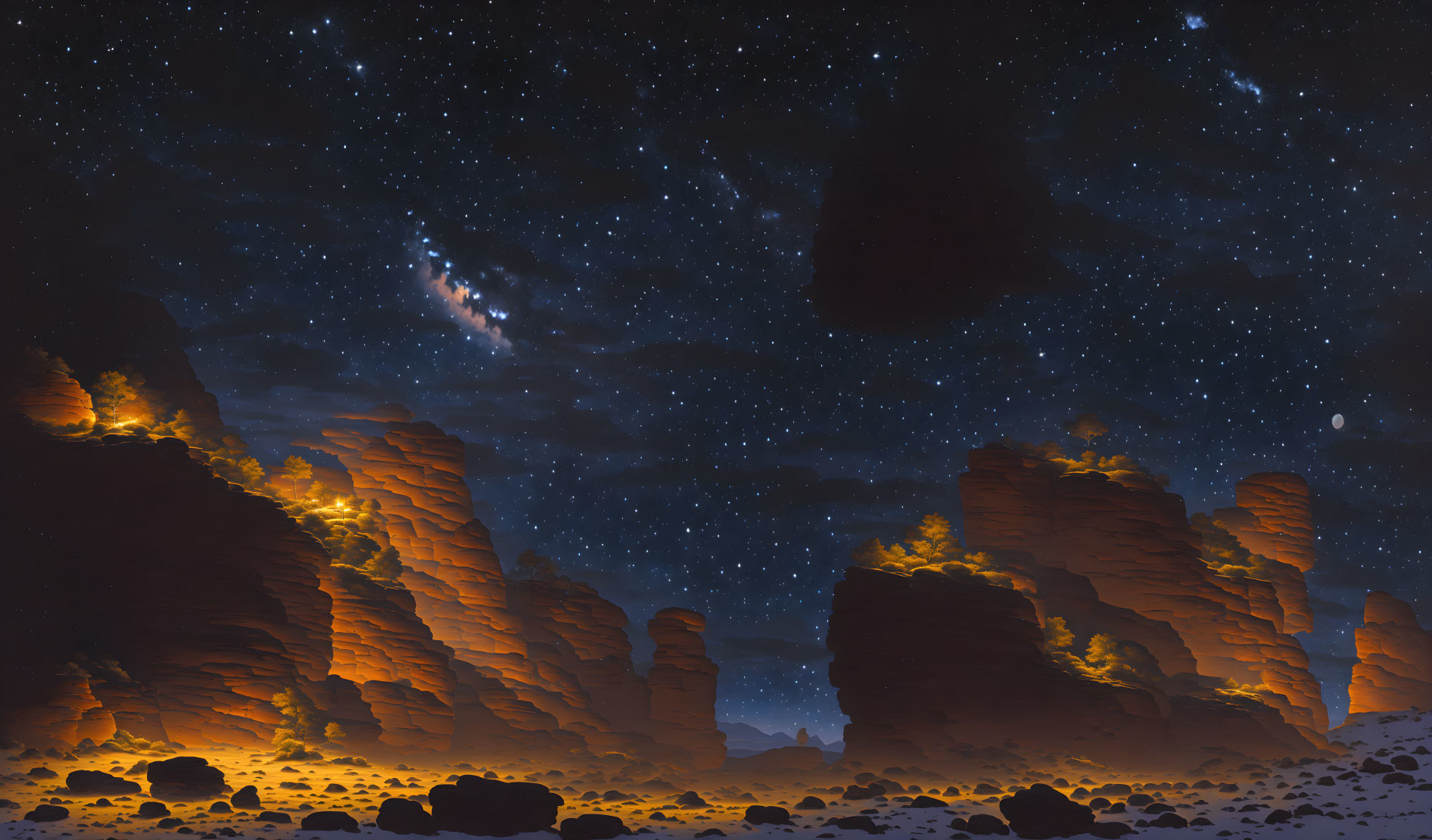 Starry Night Desert Landscape with Illuminated Rock Formations