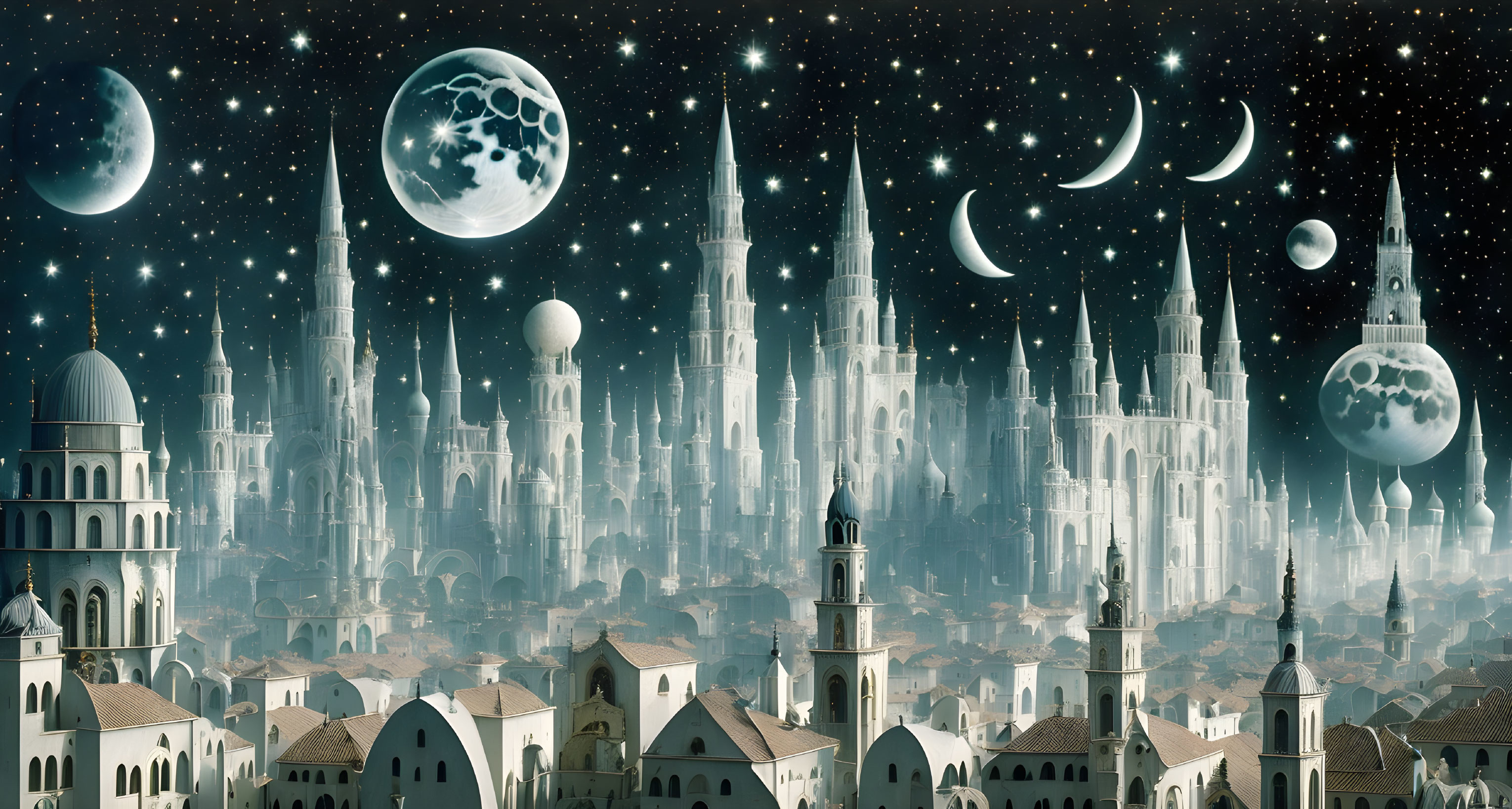 Fantasy cityscape with ornate spires under starry night sky