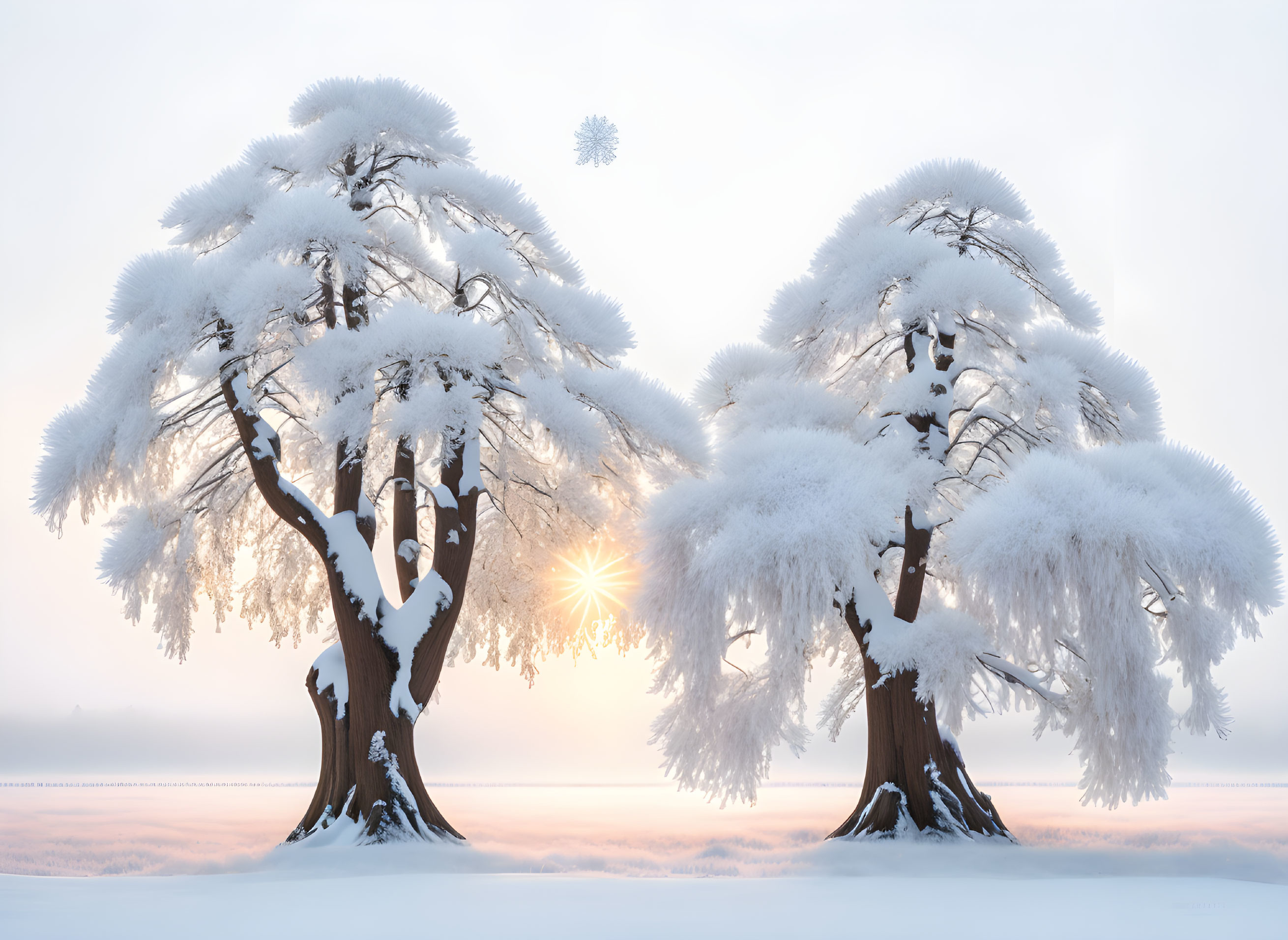 Snowy Landscape: Sunburst between Frosty Trees, Snowflake in Foreground