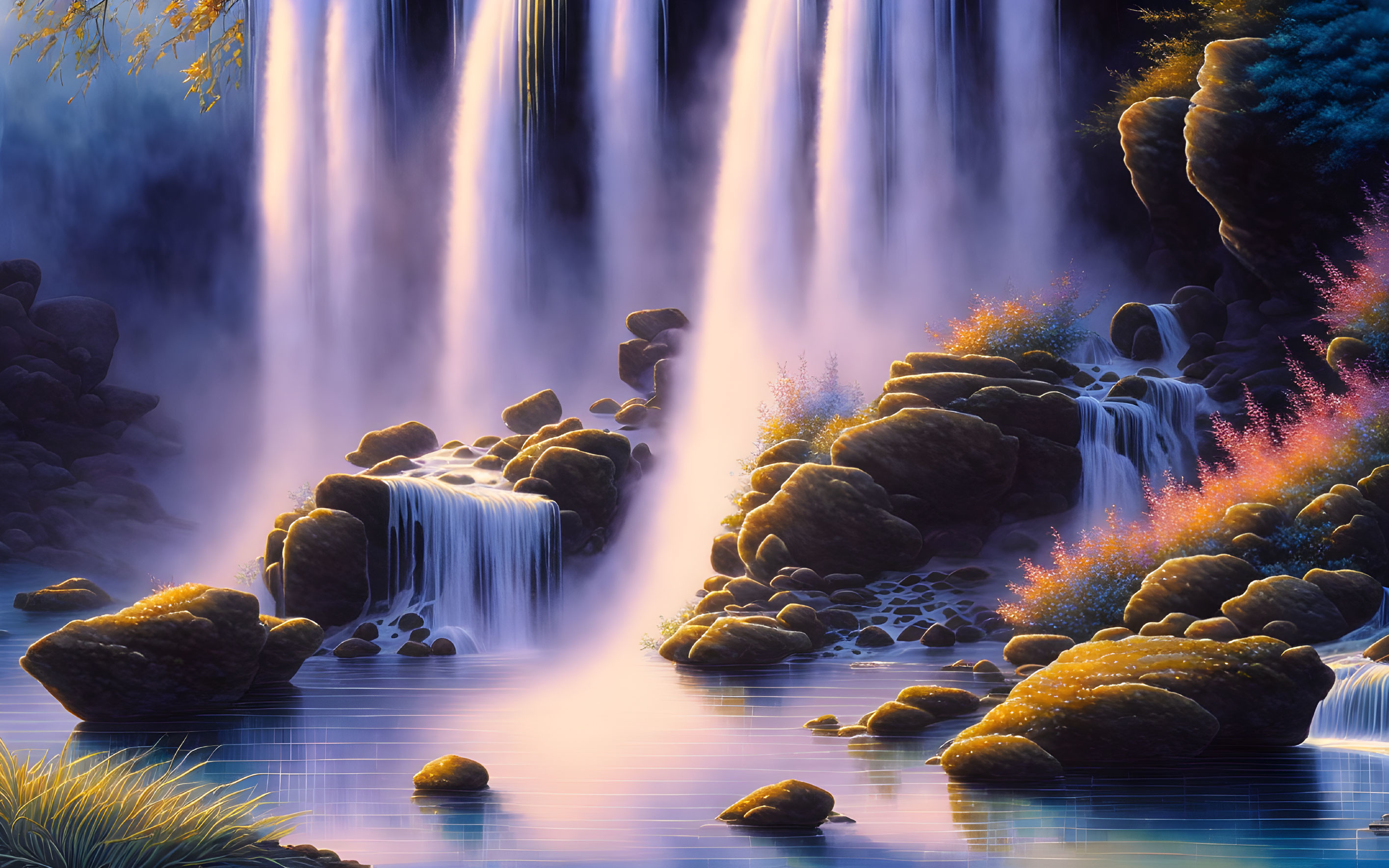 Serene waterfall landscape with vibrant purple flora