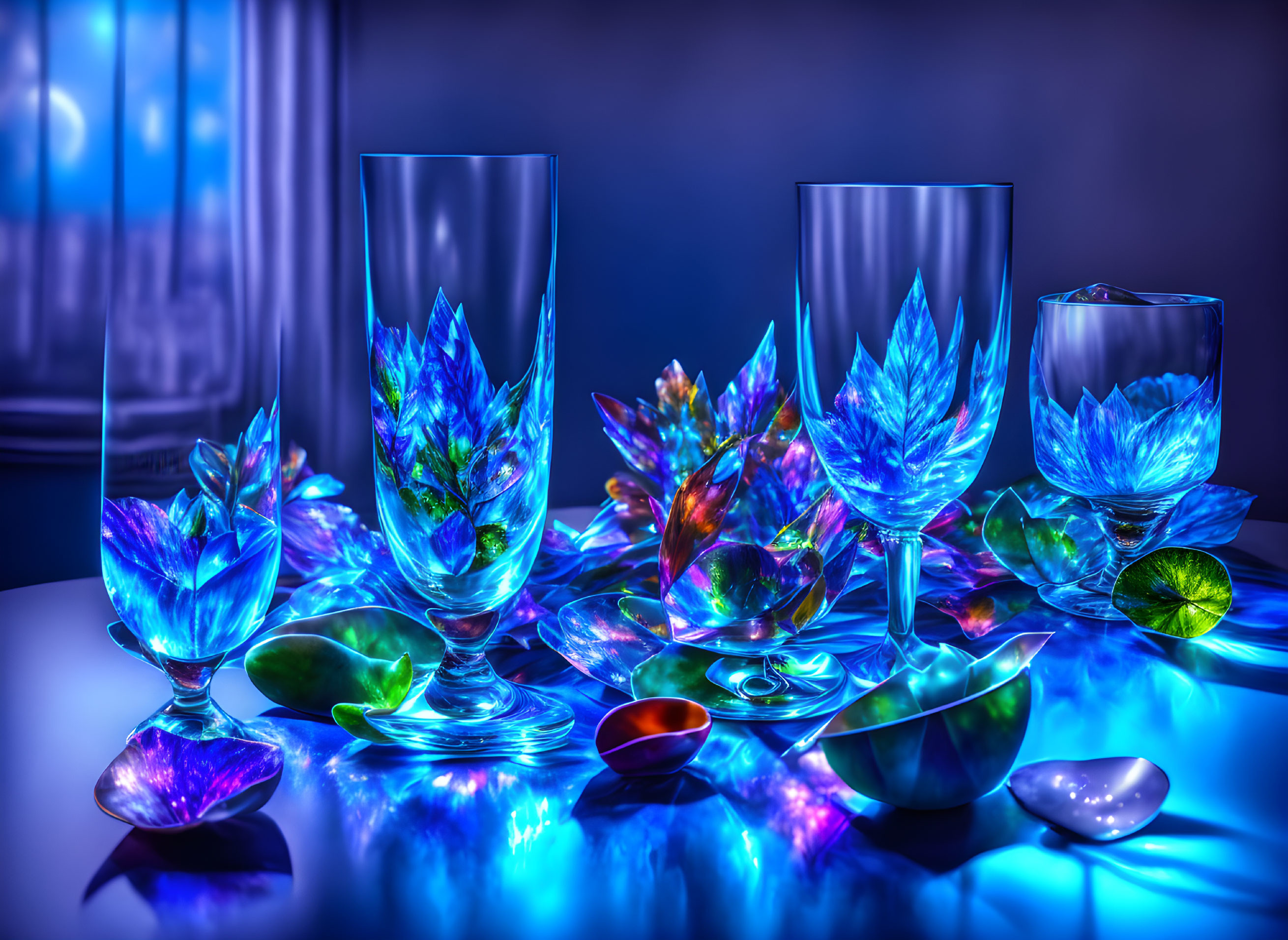 Vibrant Blue and Purple Crystal Glassware Reflections