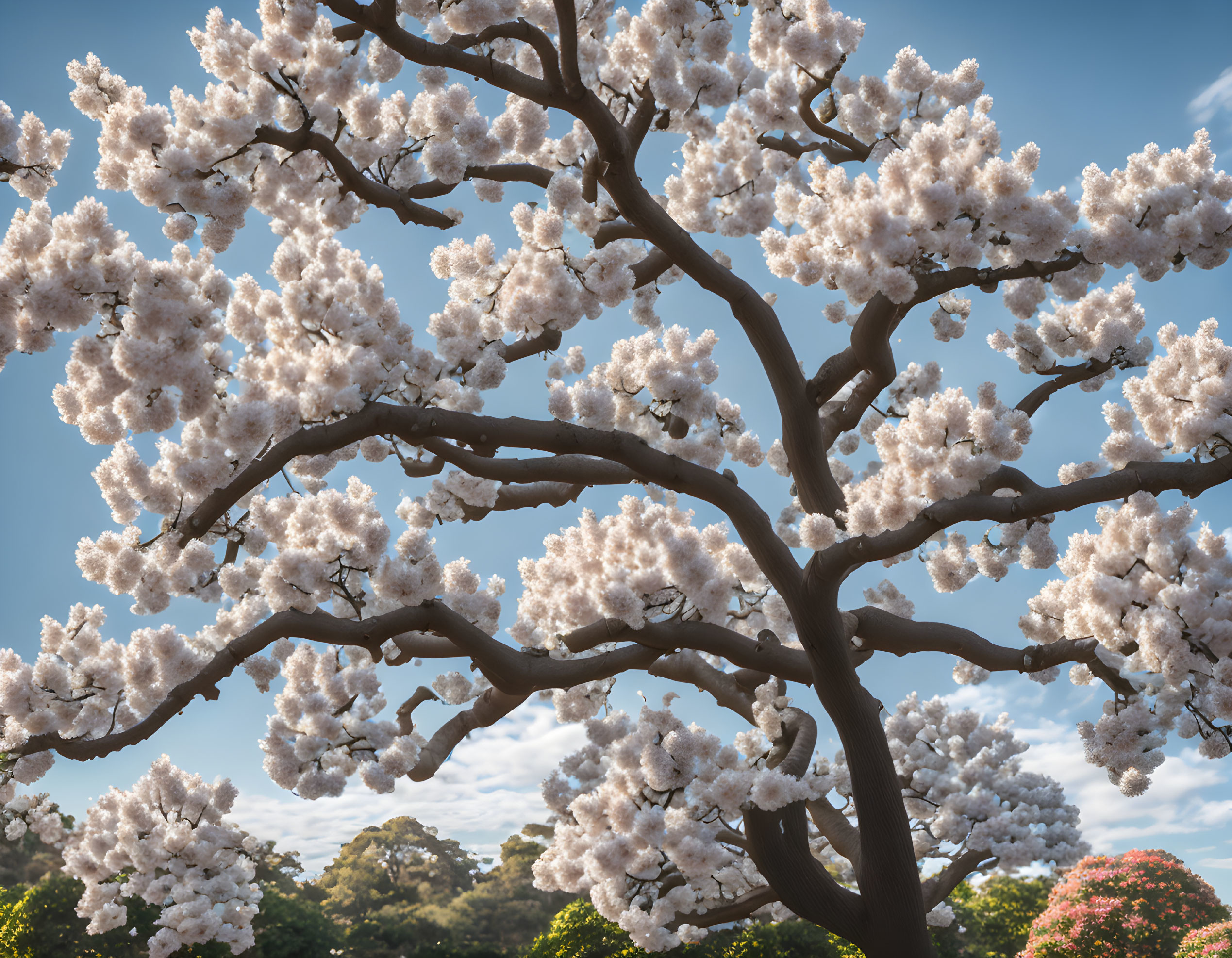 Blooming cherry blossom tree under blue sky