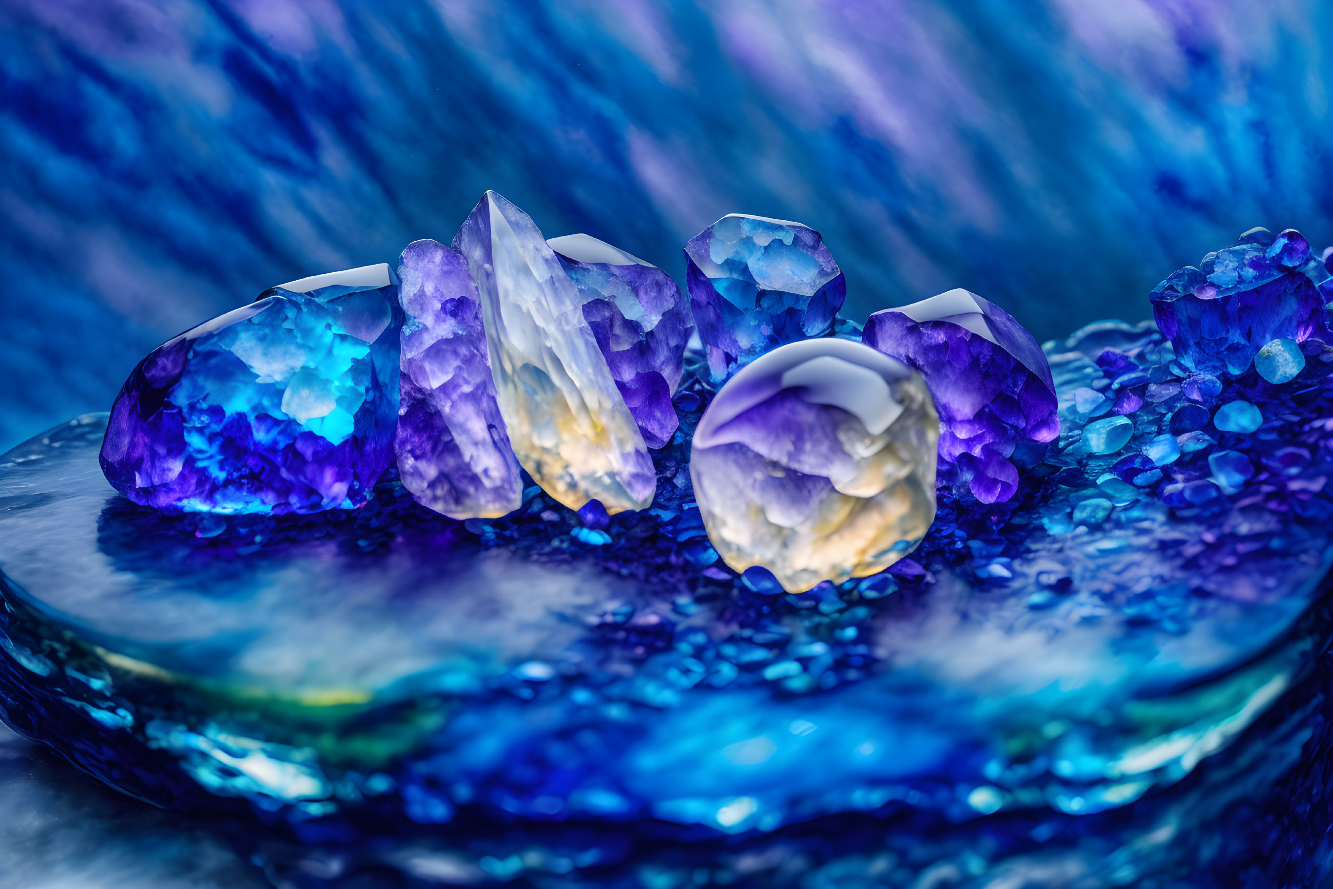 Assorted amethyst crystals and geodes on blue surface